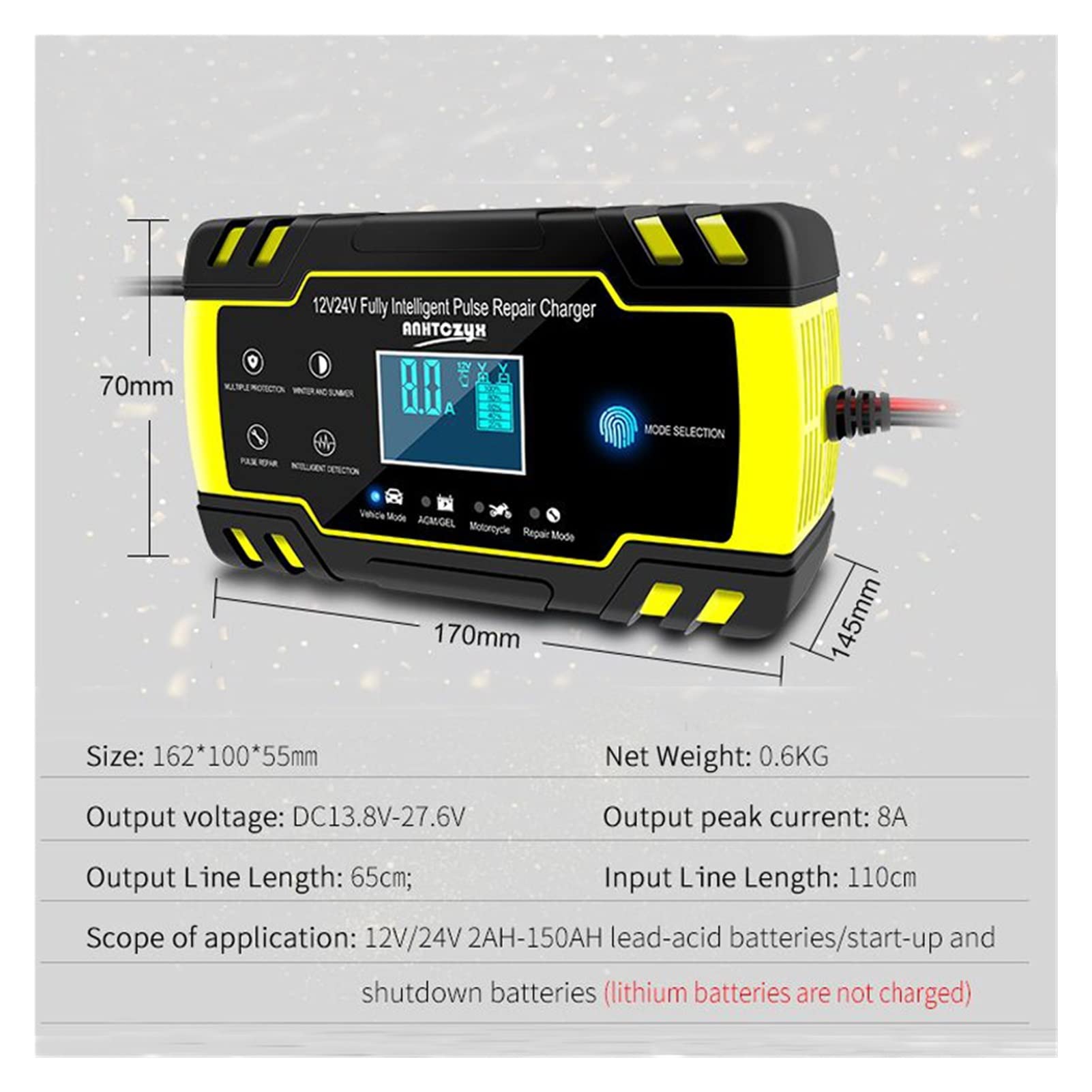 Cargador de Bateria, Cargador de batería de coche 12/24V 8A pantalla táctil reparación de pulso LCD carga rápida húmedo seco plomo ácido LCD Digital