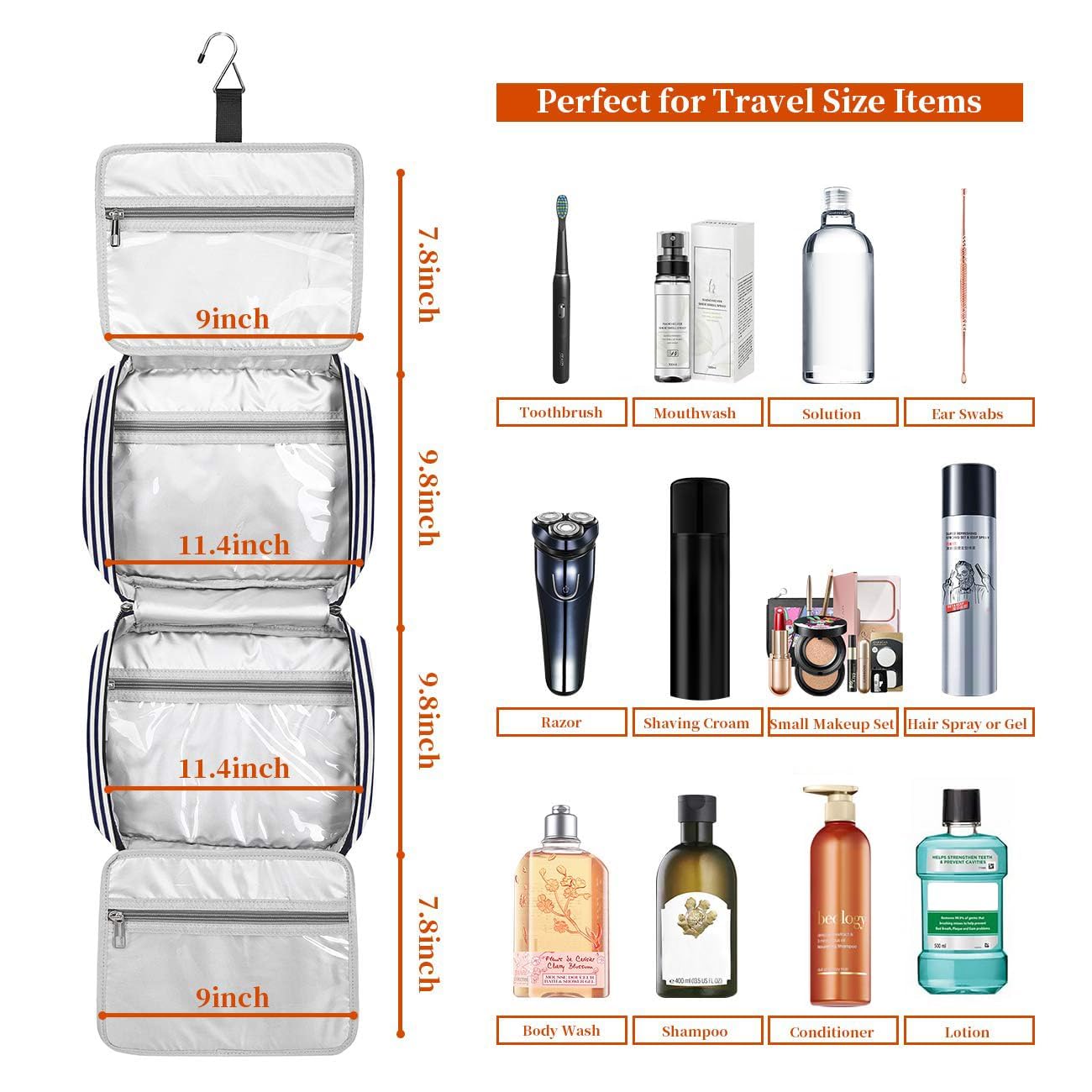 Kulturbeutel, zum Aufhängen, große Kapazität, wasserdichte Kosmetiktasche, Make-up-Organizer mit 4 Fächern und stabilem Haken für Damen und Herren Marineblau und Weiß gestreift Large