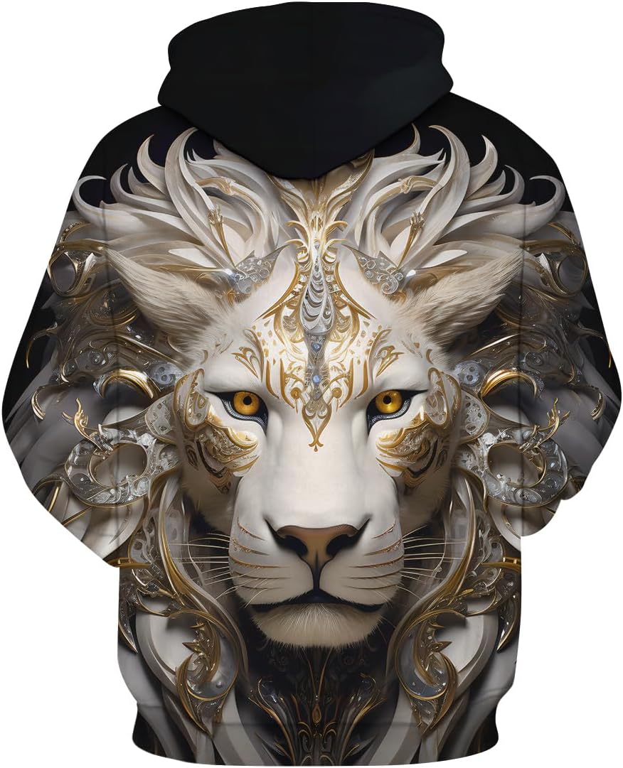 Men's Retro 3D White Lion Graphic Hoodies Wild Lion Hooded Sweatshirts Hoodie - Image 2