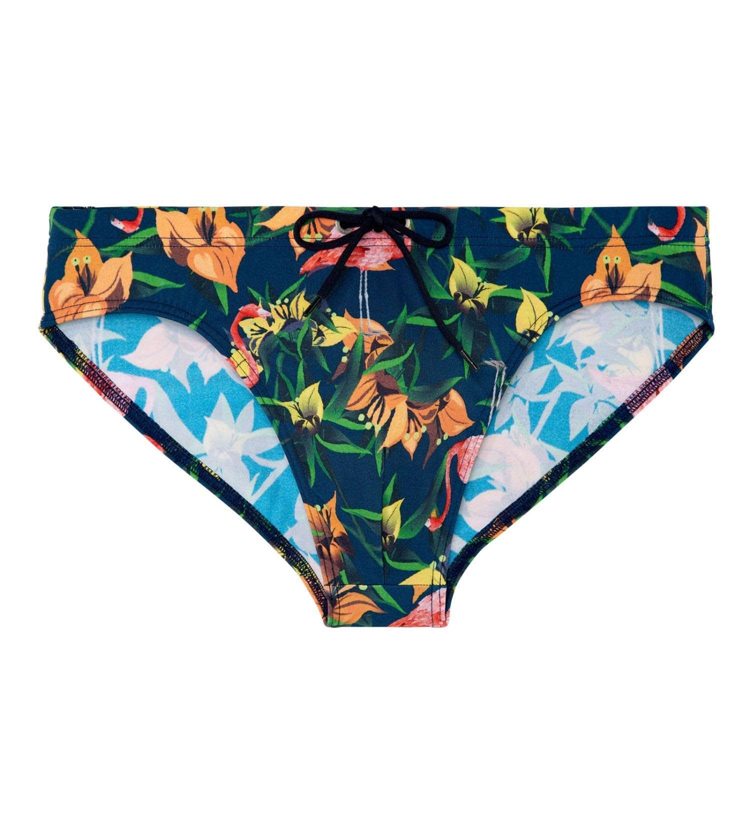 HOM Men's Swim Brief, Flamingo Print Navy Background, XL