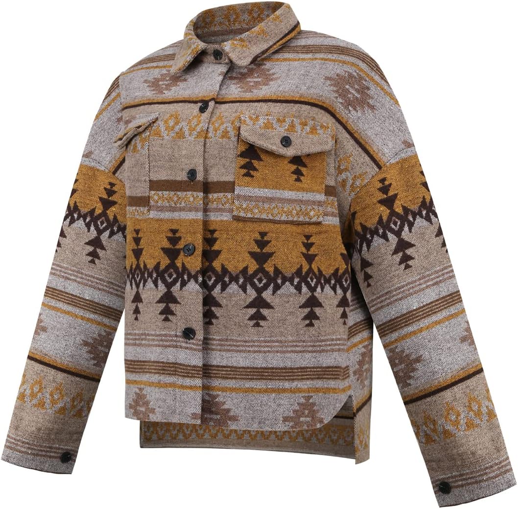 Women's Vintage Aztec Print Pattern Loose Shacket Button Down Long Sleeve Woolen Jacket Shirts Coat - Image 2