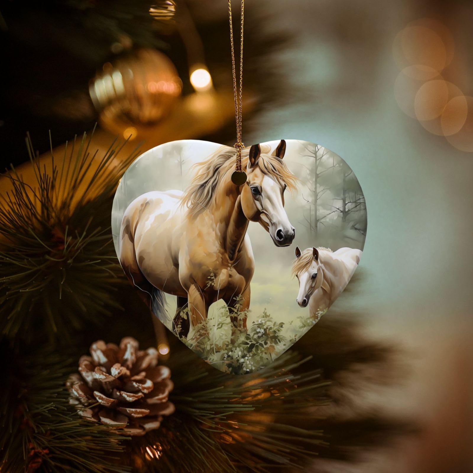 Christmas Ornaments for Christmas Tree Decoration Hanging Animals Embroidery Paintings Horses Ornament with Gold Ribbon Crafts Heart Shape Ceramic Pendant for Keepsake Gifts Xmas Decor Party Supplies