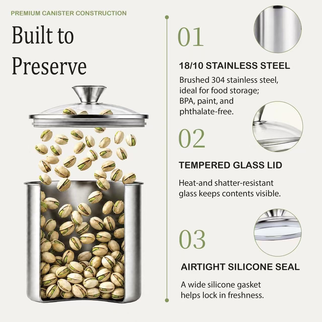 Cooks Standard Vorratsdosen-Set aus Edelstahl, mittelgroß, 4-teilig, 0,95 qt/1,6 qt/2,5 qt/3,5 qt, luftdichte Behälter mit Glasdeckel für Tee, Kaffee, Zucker, Mehl