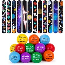 MCPINKY 48PCS Space Slap Bracelets & 12PCS Motivational Stress Balls Bundle, Kids Snap Wristbands with Astronaut UFO Designs and Inspirational Squeeze Balls for Party Favors, Classroom Rewards