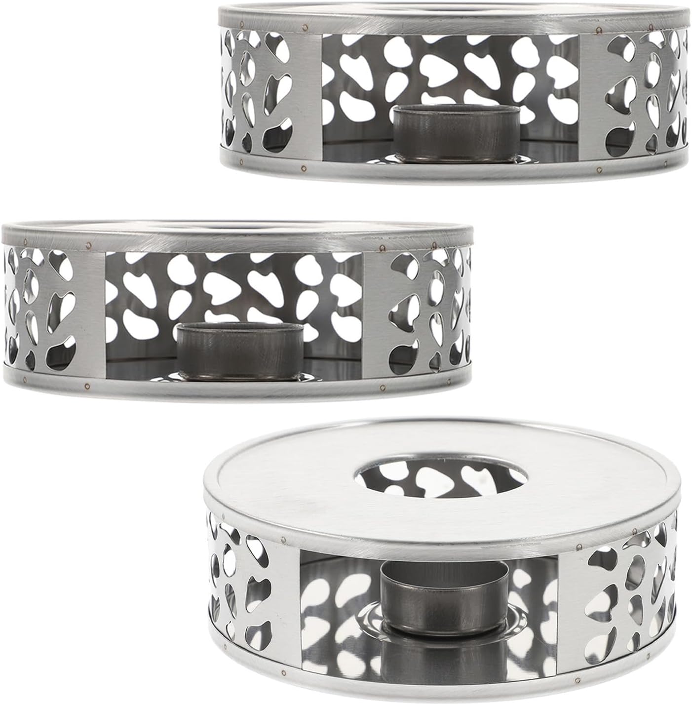 3pcs Stainless Steel Teapot Warmer Set with Tealight Holder, Hollow Cutout Design for Consistent Warmth, Lightweight Tea Pot Heater Base for Home Use and Tea Parties