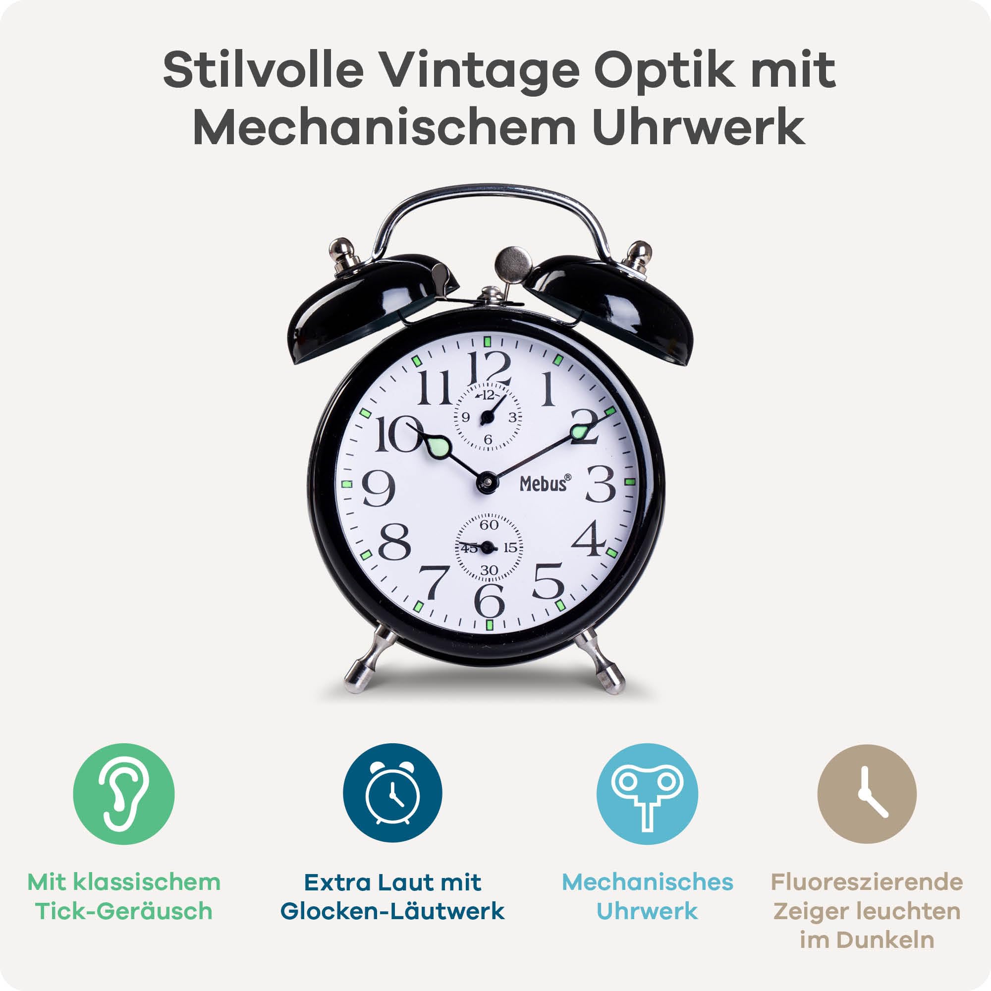Mebus Mechanical Wind Up Alarm Clock with Classic Bell Ringing