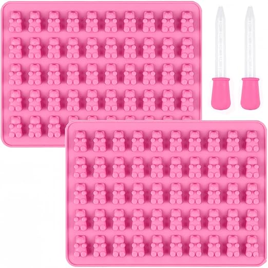 2 Piece Gummy Bear Silicone Molds, Non-Stick Chocolate Candy Mold with 2 Droppers Food Grade (Pink)