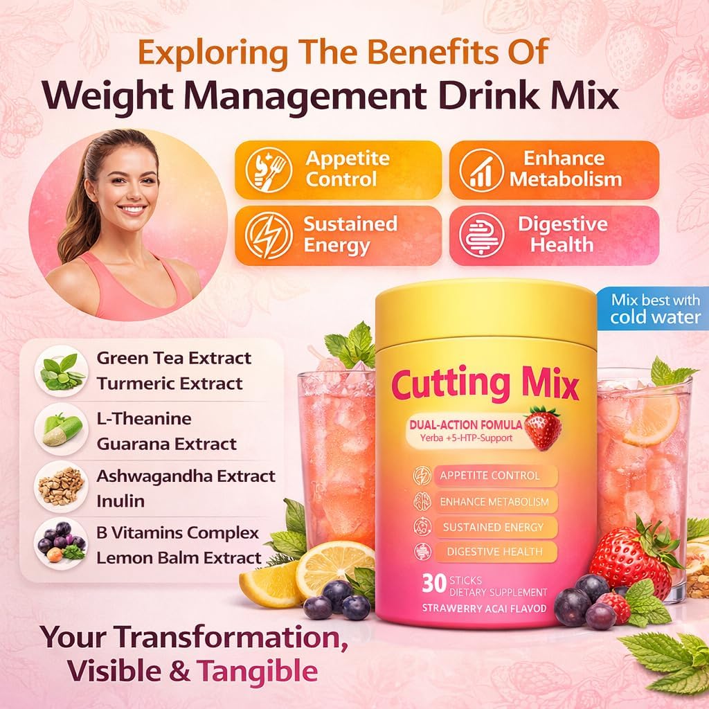 Cutting Drink Mix, Daily Wellness Support with 5-HTP, Yerba Mate & Prebiotic Fiber, Sugar Free Drink Mix Powder Sticks, Flavored Water Mix with Electrolytes, Strawberry Flavor – 30 Servings