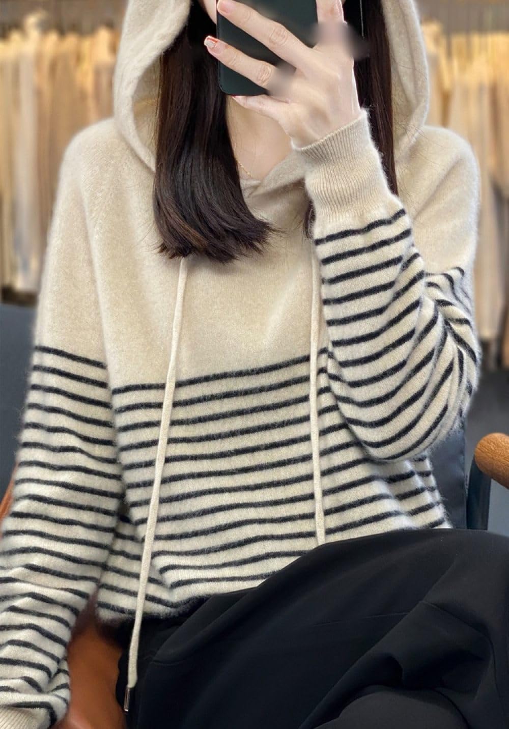 Damen Pullover Mit Weicher Haptik Und Kapuze, Strickpullover, Flauschiger Gestreifter Pullover Aus Wolle, Elegantes, Lockeres Sweatshirt Für Damen Winter Tunika Oberteile
