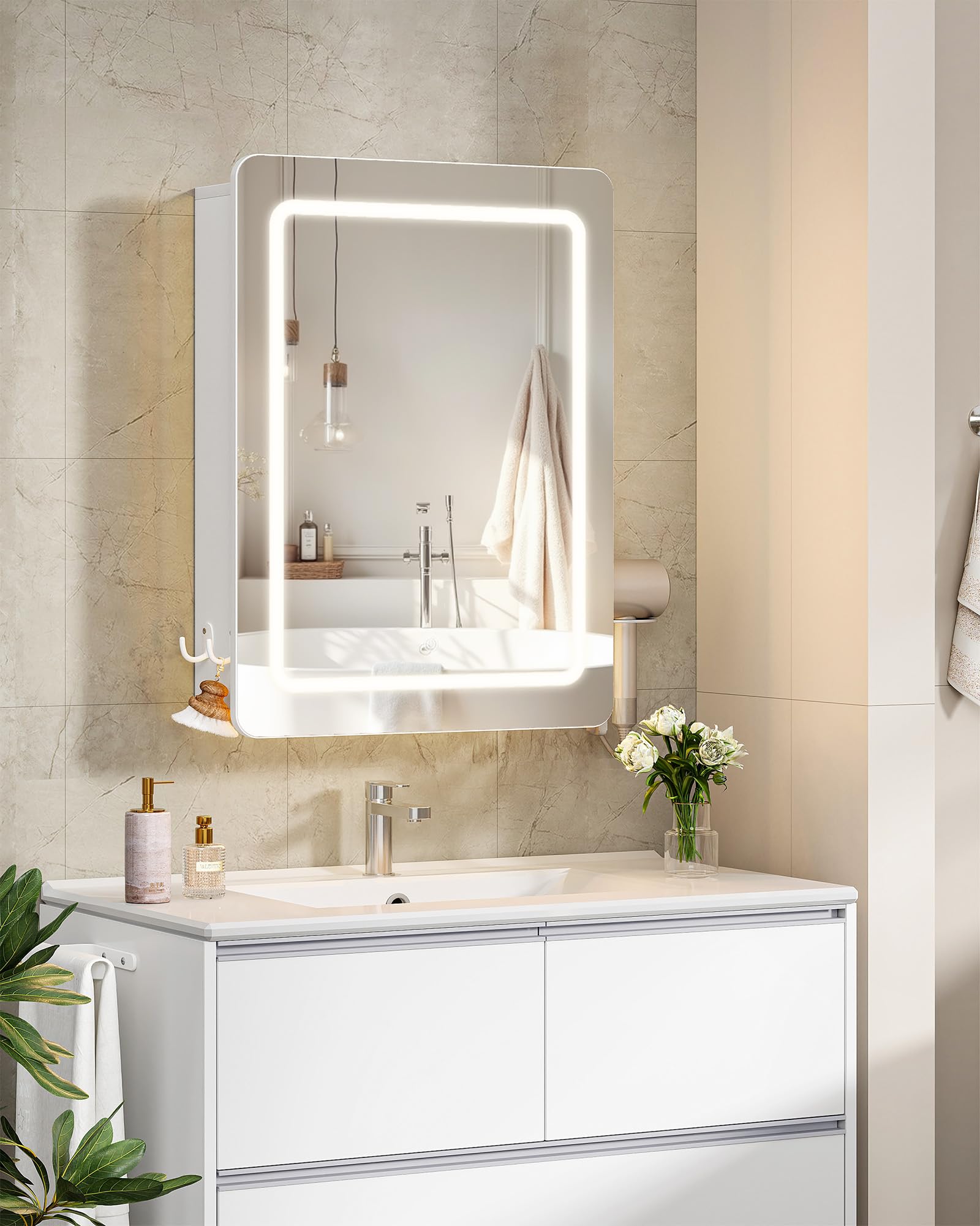 Hzuaneri Armario Espejo Baño, Armario Baño Pared con Espejo y Luz LED, 3 Temperaturas de Color Regulables, Estantes Ajustables, 16,5 x 50 x 70 cm, Blanco MC30103XEU