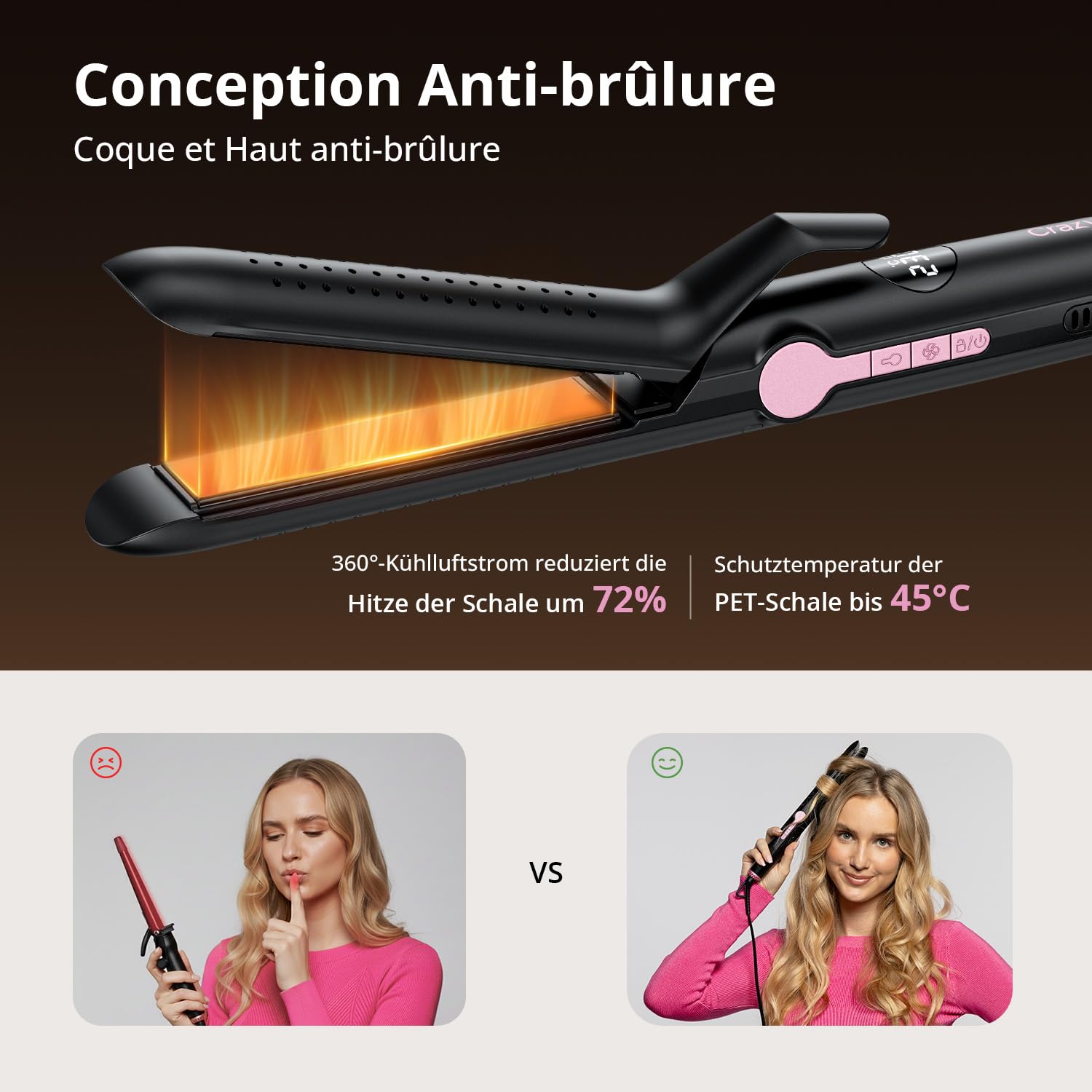 CrazyMar Lisseur à Air Froid et Boucleur Ionique 2-en-1, 9 Températures (110°C-230°C) pour Cheveux Bouclés/Lisses, Appareil de Coiffure Maison et Voyage (Noir)