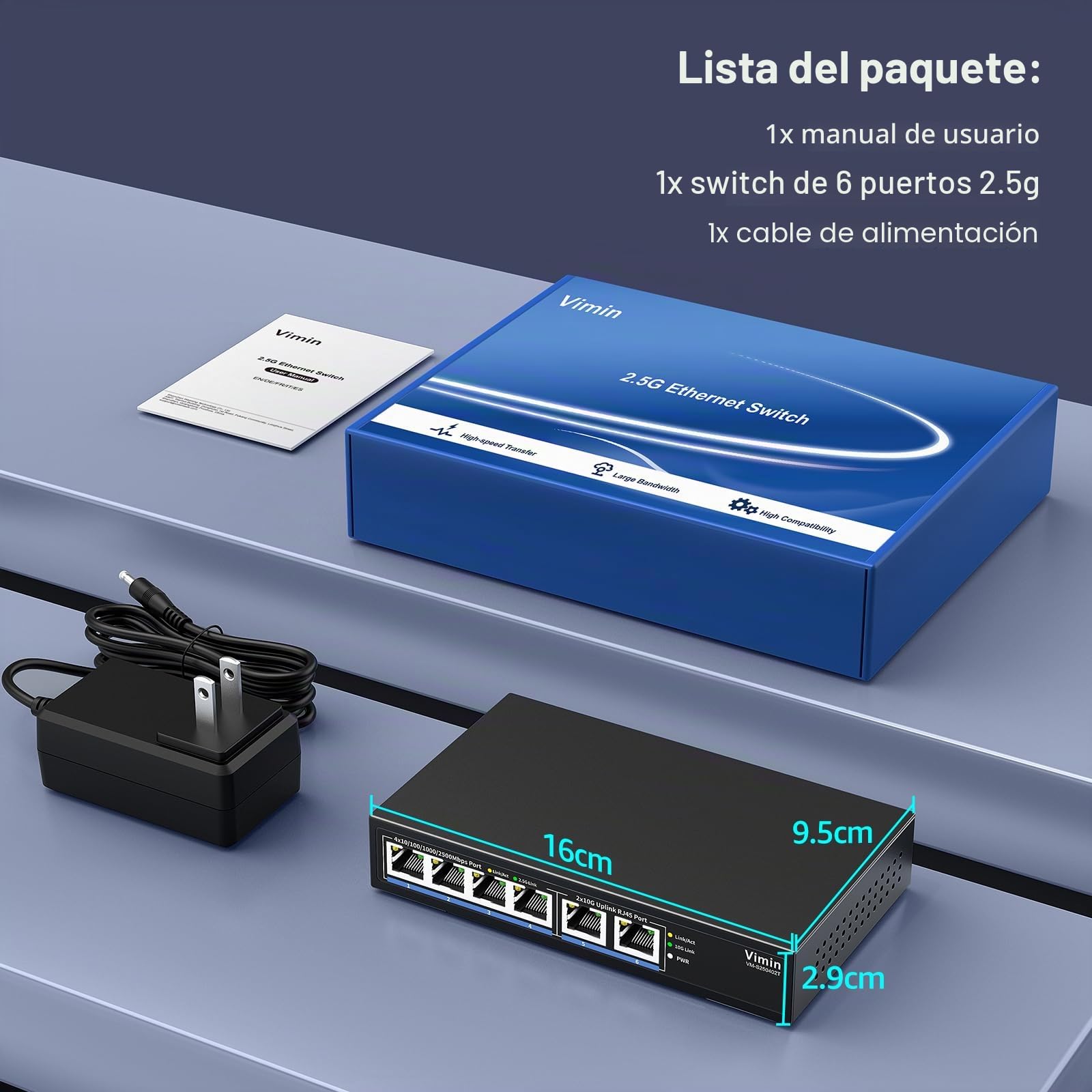 Conmutador Ethernet de 6 Puertos 10G/2.5G con Doble 10GBASE-T, Vimin 4X 2.5G + 2 Puertos RJ45 de 10 GB, Capacidad de 60 Gbps, Interruptor de Red multiGigabit de Escritorio/Montaje en Pared para NAS