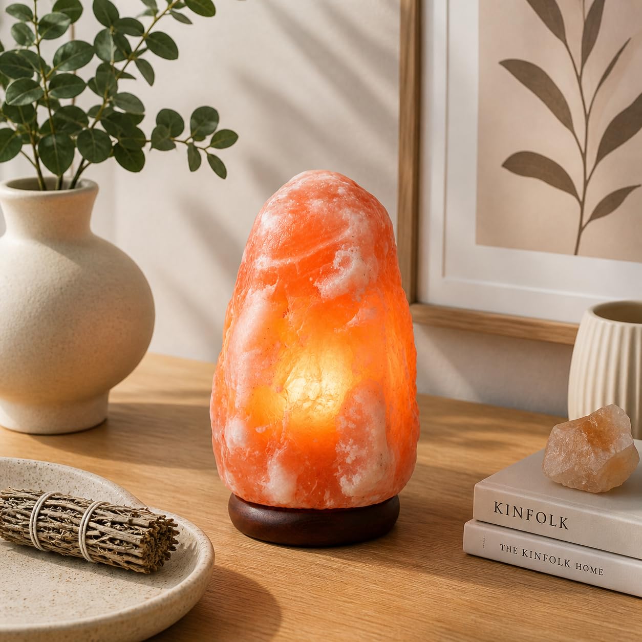 AROMASENSES | Lámpara de Sal del Himalaya | Peso de 2 a 3 kg, con Base de Madera, Cable y Bombilla de 14W | Hecha a Mano | Purifica el Aire | Lámparas Originales de Sal de Himalaya Rosa