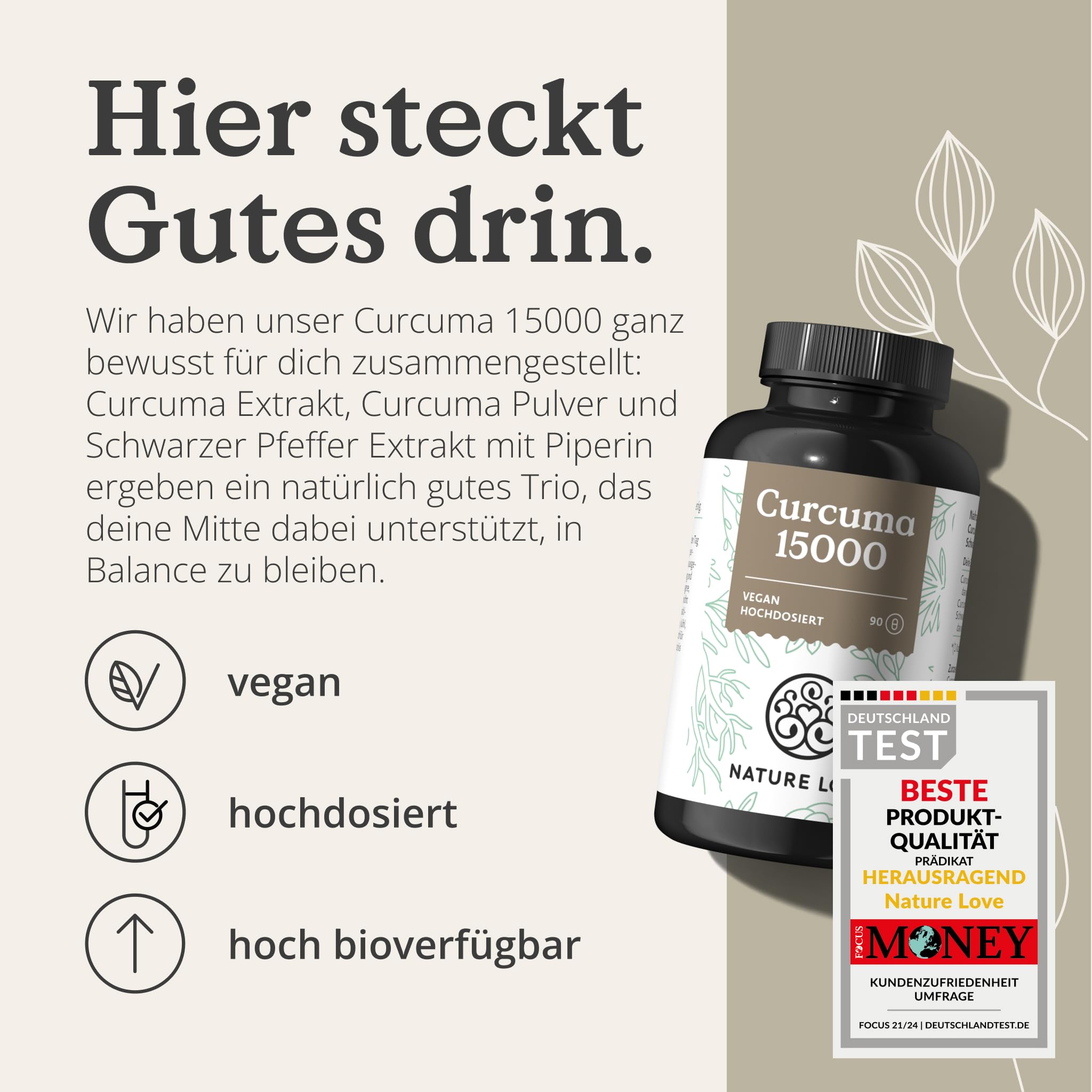 NATURE LOVE® Curcuma 15000 - Kurkuma Kapseln - 9 Monate Reichweite - hochdosiert 95% Curcumin pro Kapsel - mit schwarzem Pfeffer - vegan, laborgeprüft & in Deutschland produziert