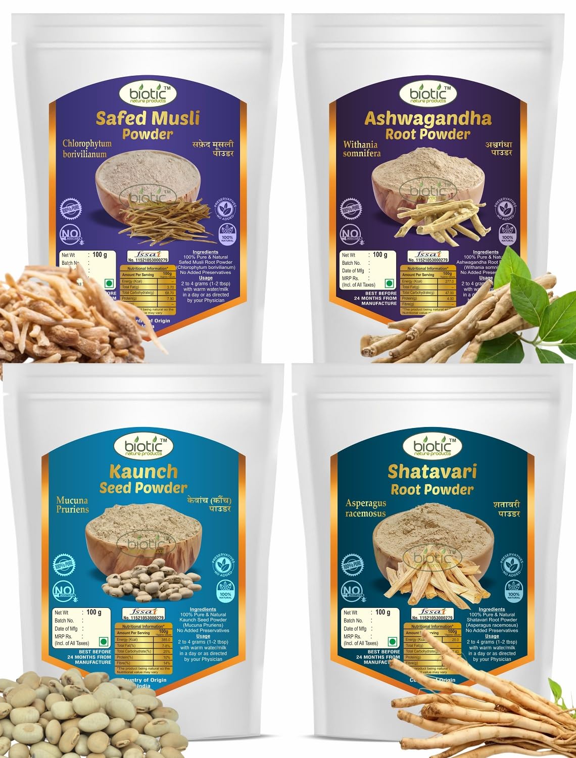 Biotic Natural Safed Musli, Ashwagandha, Shatavari and Kaunch Beej Powder - 400gms Combo (100gm each)-picture-22