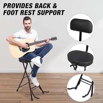 Guitar Stool with Padded Cushion, Foldable Guitar Seat with Removable Back Support, Musician Stool with Footrest, Black
