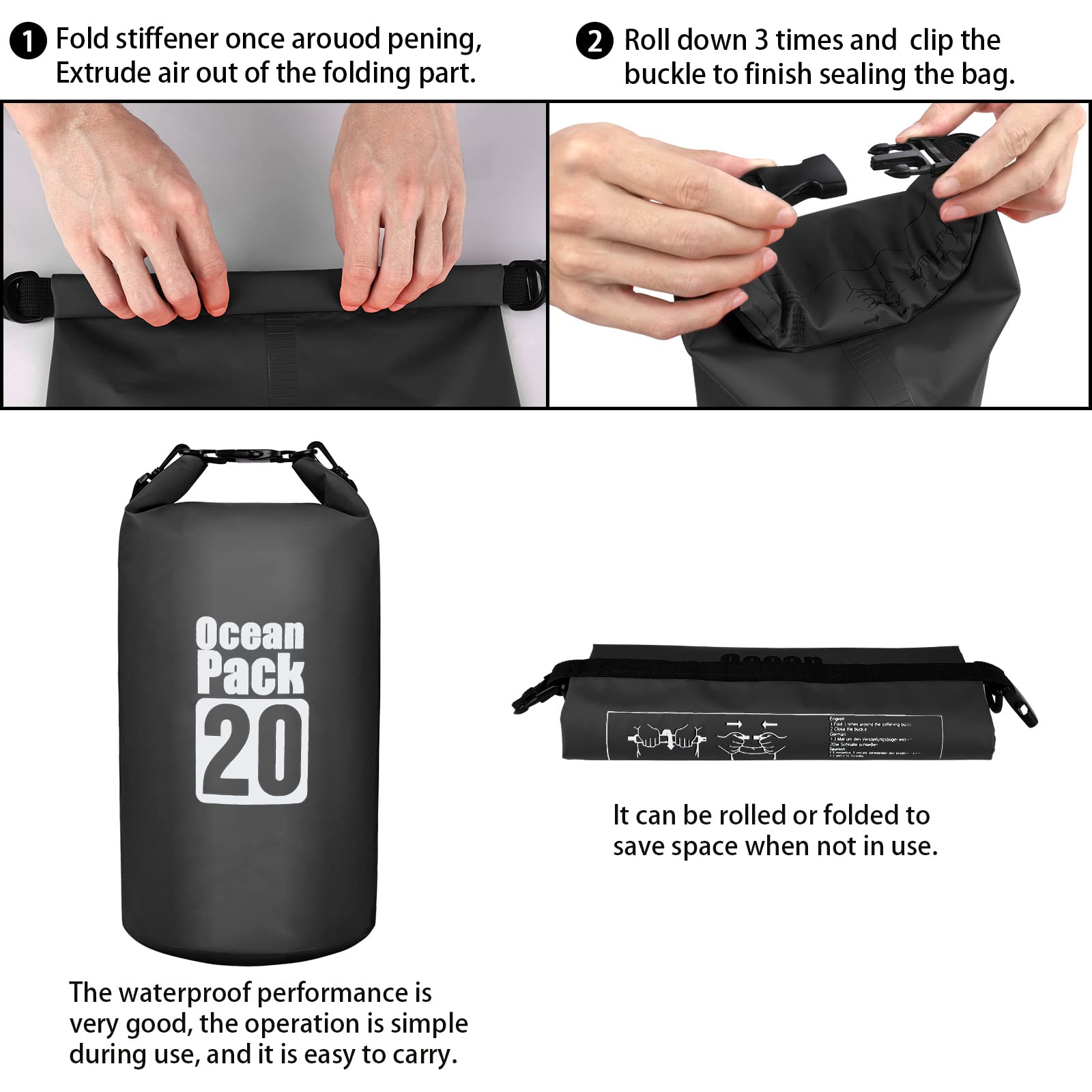 Coolzon Borsa Impermeabile-Sacca Impermeabile con Custodia Impermeabile per Cellulare, Sacca Stagna con Tracolla Regolabile per Kayak Rafting Canottaggio Campeggio Viaggiare Nuoto, 20L Nero