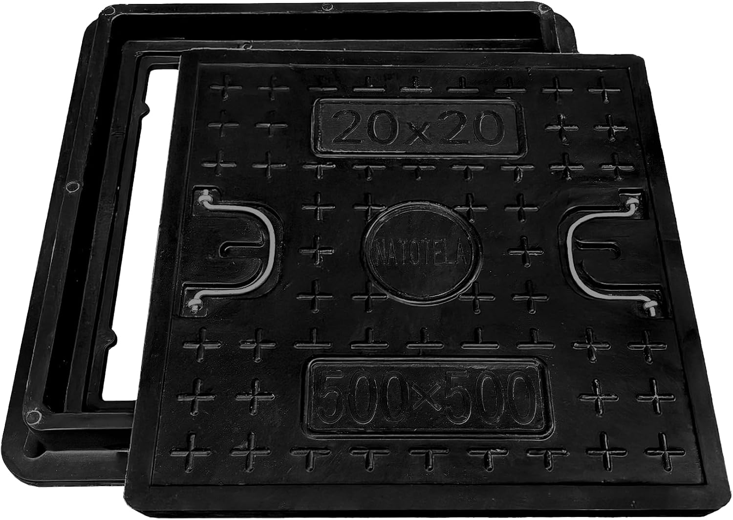 Manhole Cover and Frame 24x24in,Square Fiberglass Septic Tank Cover Solid Top Lid Size 20x20in,Clear Opening 17.3x17.3in,Reinforced Steel Embedded Non-slip Sewer Cover with Handles for yard Solid Top Cover:20x20in Black