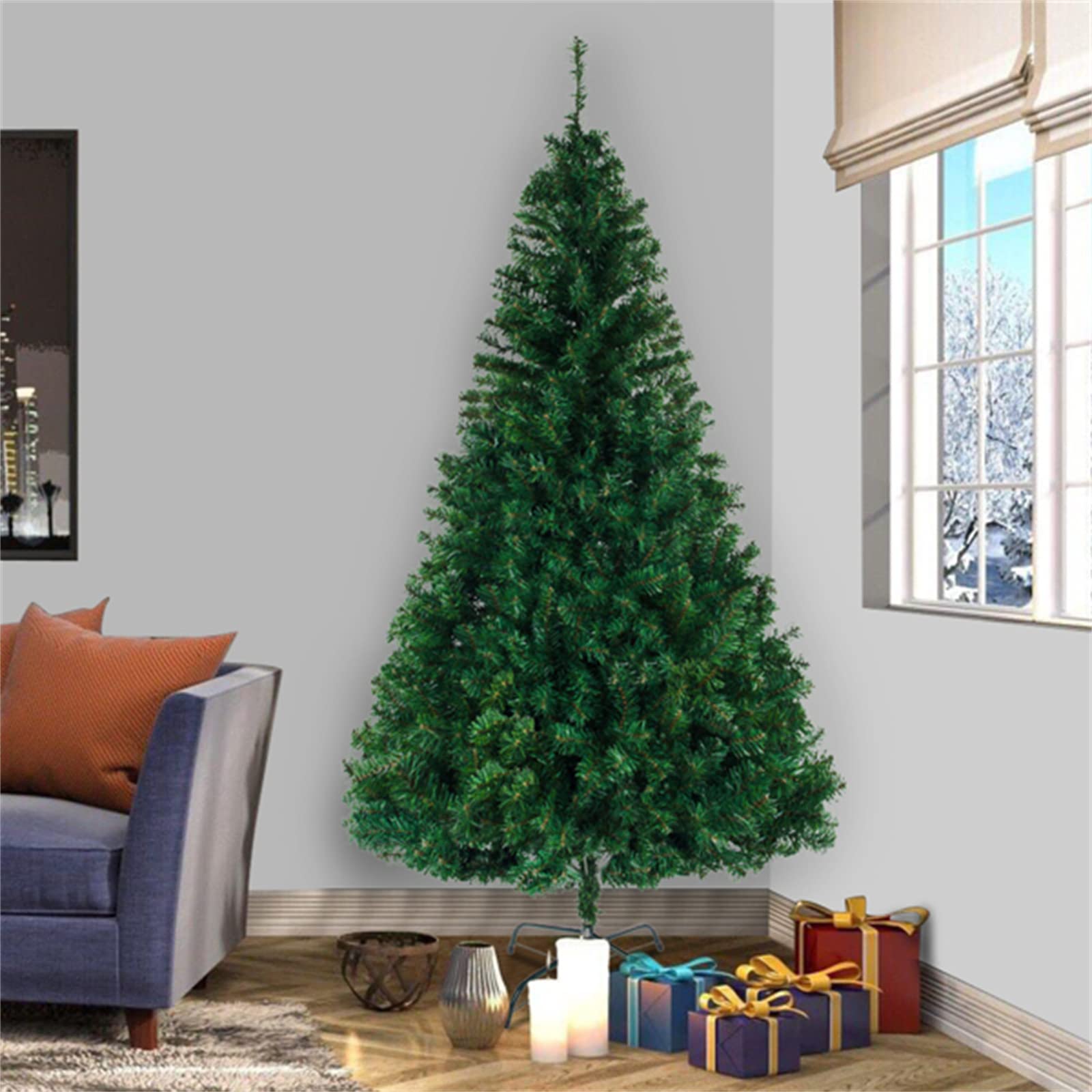 8FT Artificial Christmas Tree, Classic Full Green Xmas Pine Tree with Solid Metal Legs and 1138 Branches, Perfect Christmas Decoration for Indoor and Outdoor, Easy to Assemble【UK Fast Delivery】