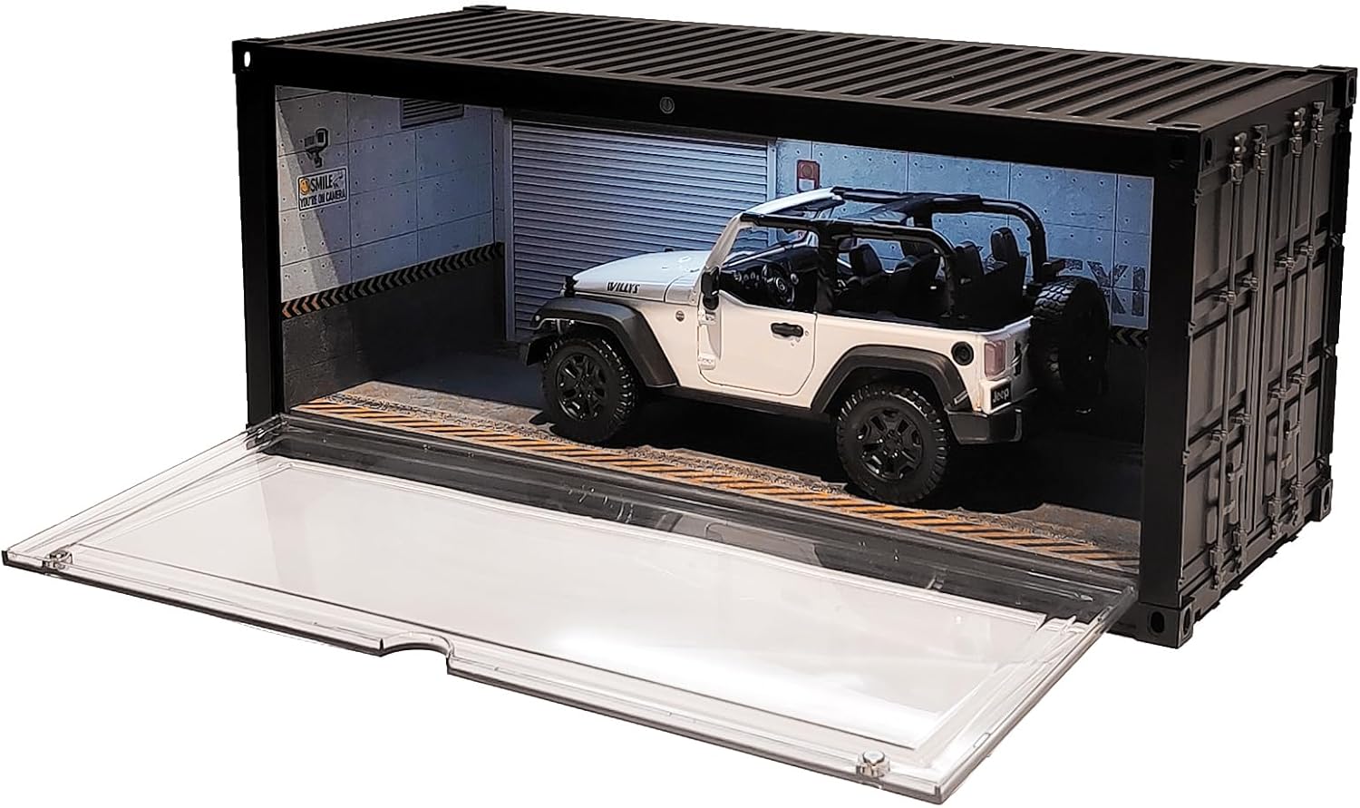1/18 Scale Model Car Display Case with LED Light, Shipping Container Style Garage Diorama Show Case - Modern Mirror Reflective Interior, Grid Floor Showroom Design, Stackable Showcase for Diecast Vehi