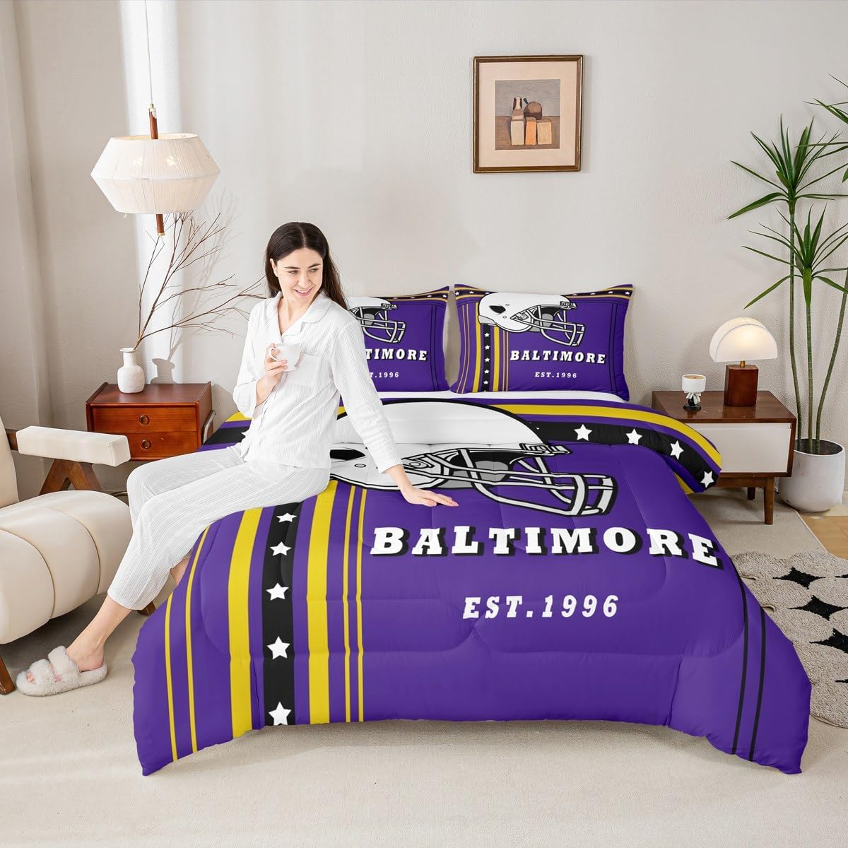 Erosebridal Football Full Size Comforter Sets - Sports Team Color Bedding, Purple & Gold Striped Stars Bedding Set, Classic Rugby Game Duvet Insert, Sports Fans Gifts | Football Room Decor