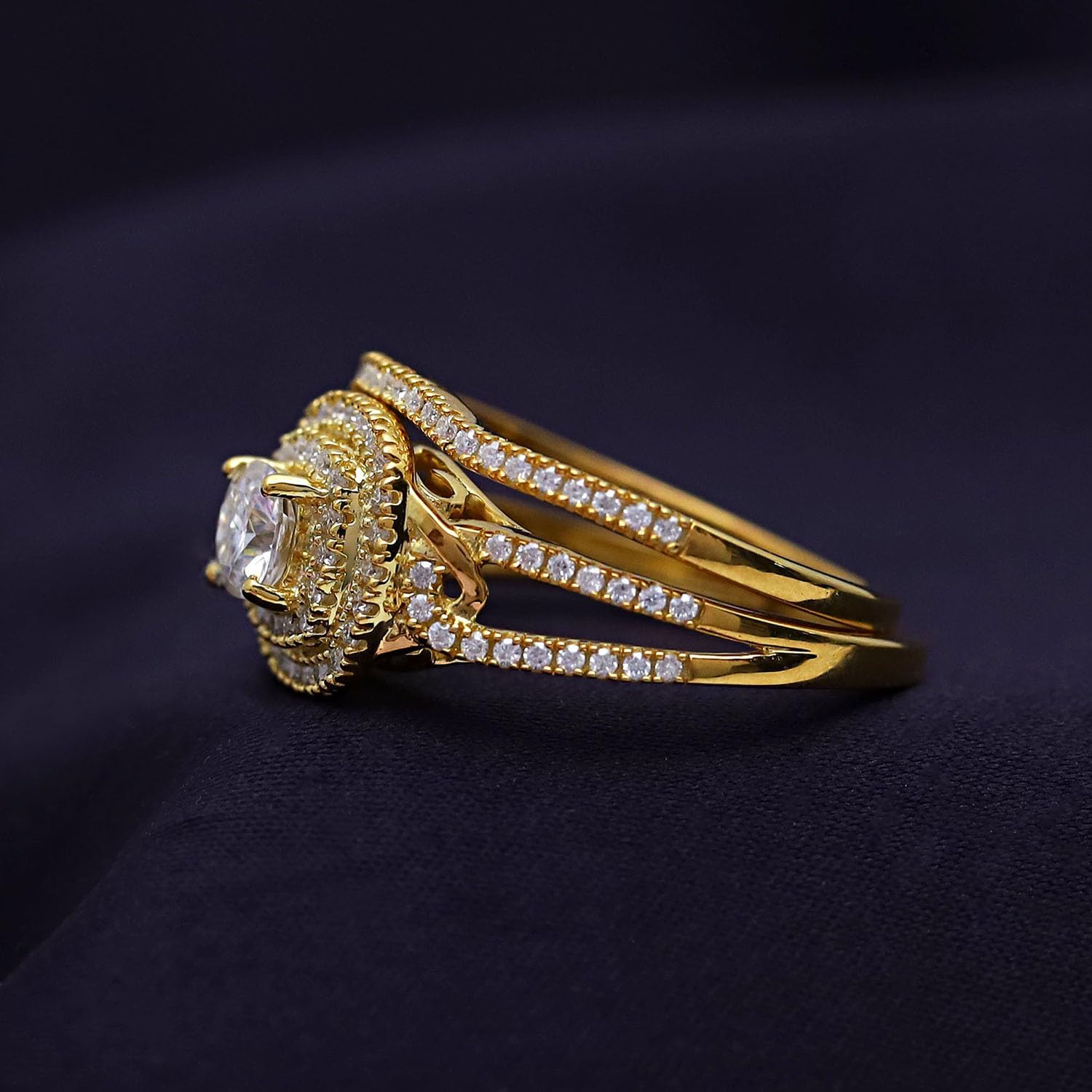 SAVEARTH DIAMONDS 1 CT Center 5MM Cushion & Round Cut Lab Created Moissanite Diamond Double Halo Split Shank Bridal Set Ring In 14K Gold Over Sterling Silver(VVS1 Clarity, 1 Cttw)