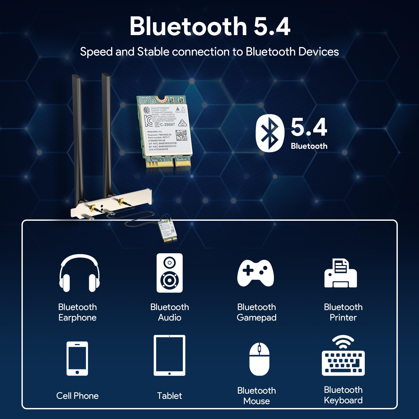 Tarjeta inalámbrica WiFi 7 BE6500 M.2 2230 para PC de escritorio, MT7925 Tri-Band 6GHz/5GHz/2.4GHz, Bluetooth 5.4, 802.11be 6.5Gbps adaptador de red, para Intel/AMD Windows 11 y Linux 6.7+, no CNVi