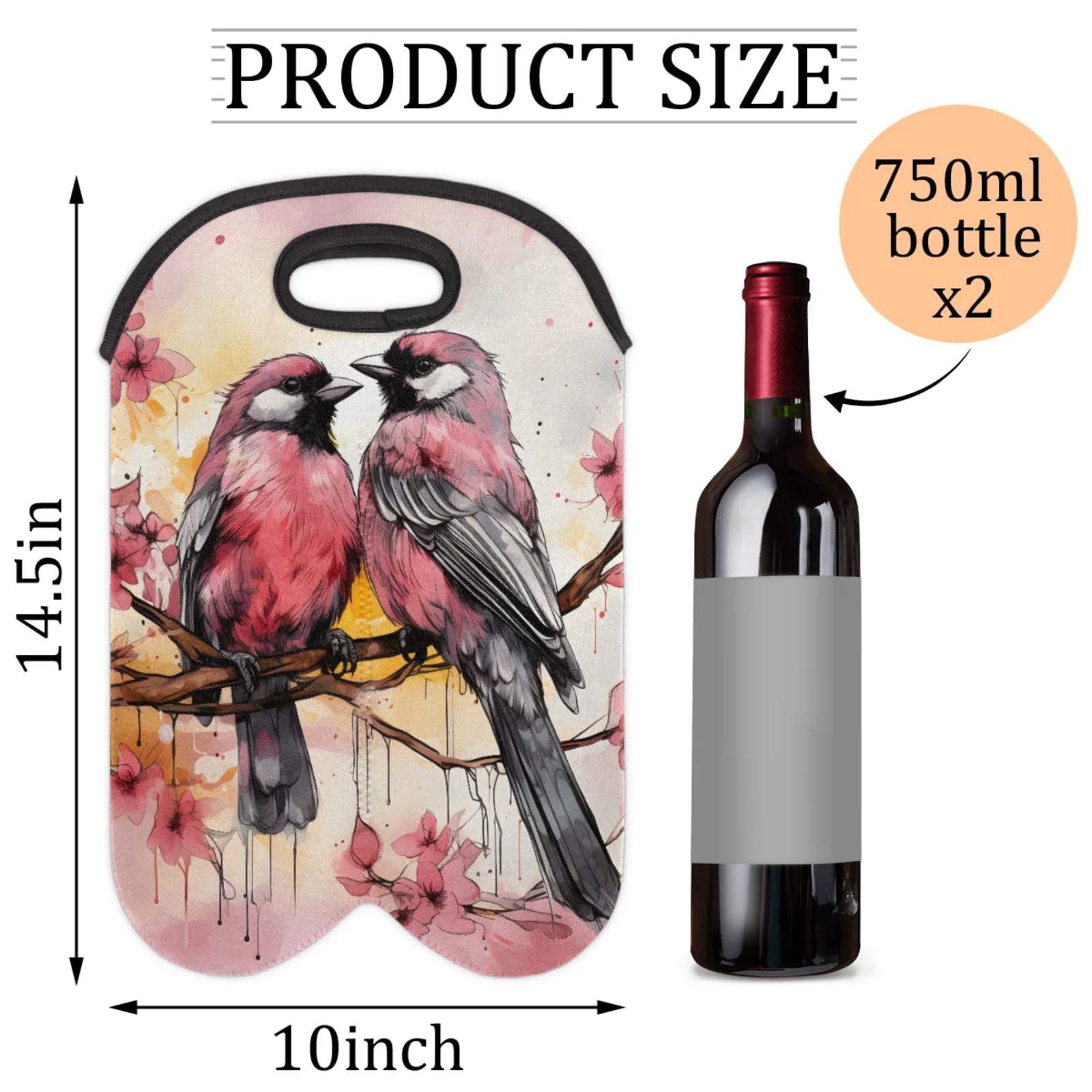 GzLeyigou 2 Bottles Bird Wine Bag Sleeve Totes Birds on Tree Neoprene Protective Wine Carrier Bag for Wine,Water, Champagne, Beer, Baby Bottles,Gift 14.5 x 10 Inches