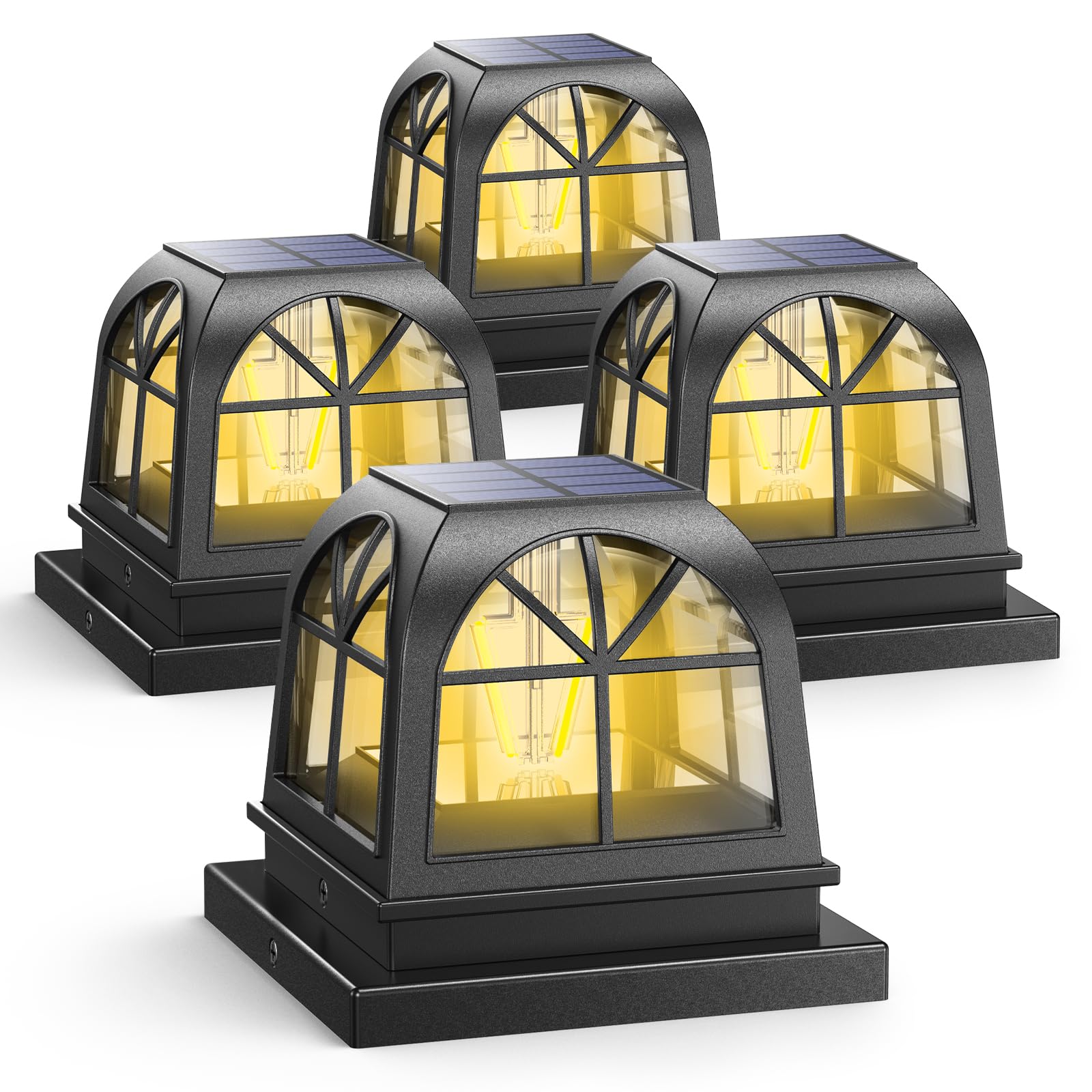 Siedinlar Solar Post Lights Solar Light Outdoor Garden Fence Lights Waterproof Landscape Fence Cap Edison LED Bulbs for 4x4 5x5 Posts Patio Black (4 Pack)