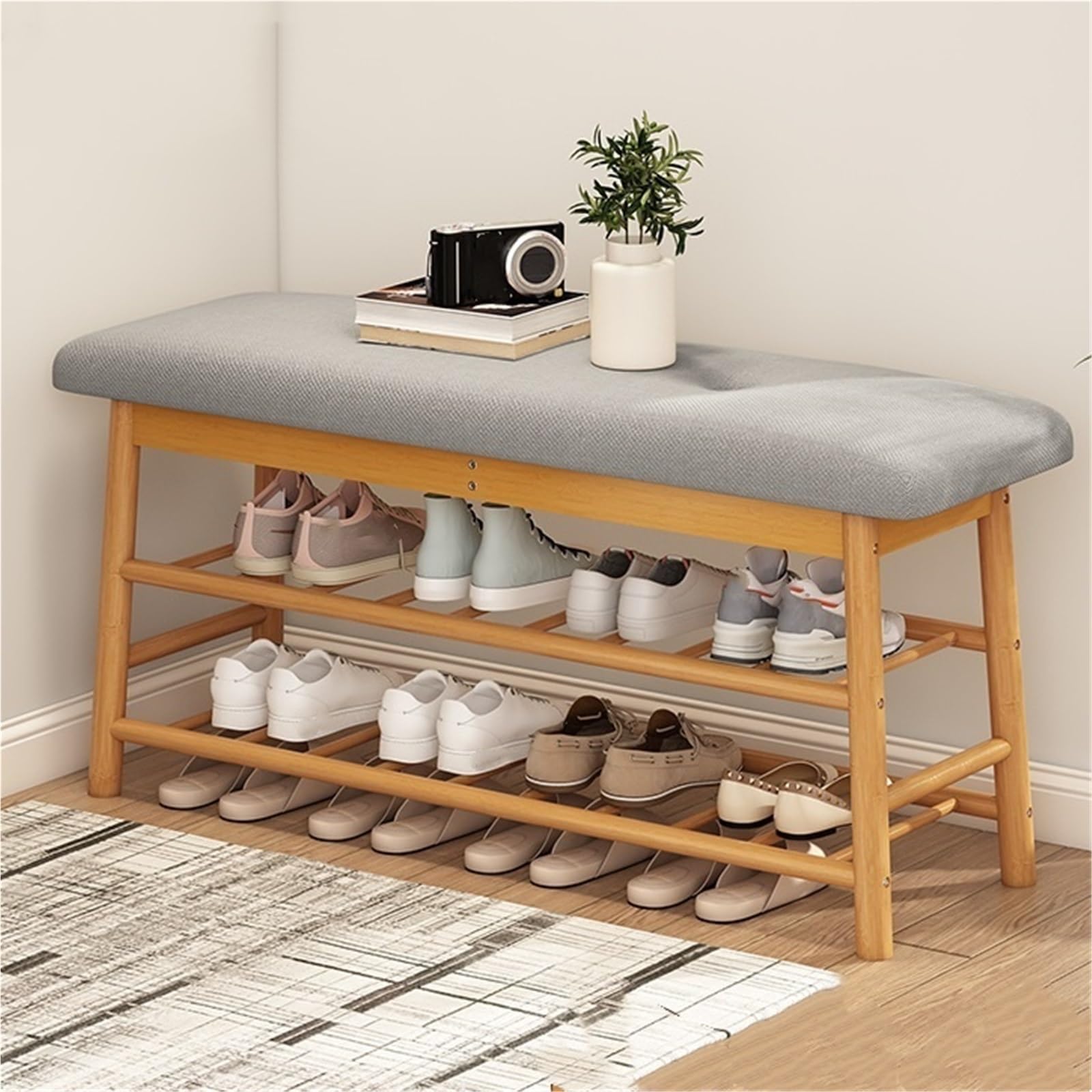 IvyLoutish Bamboo Entryway Bench Upholstered Shoe Storage Bench Shoe Rack Bench Shoe Organizer Rack for Hallway Living Room Closet Front Door,Ideal for Home