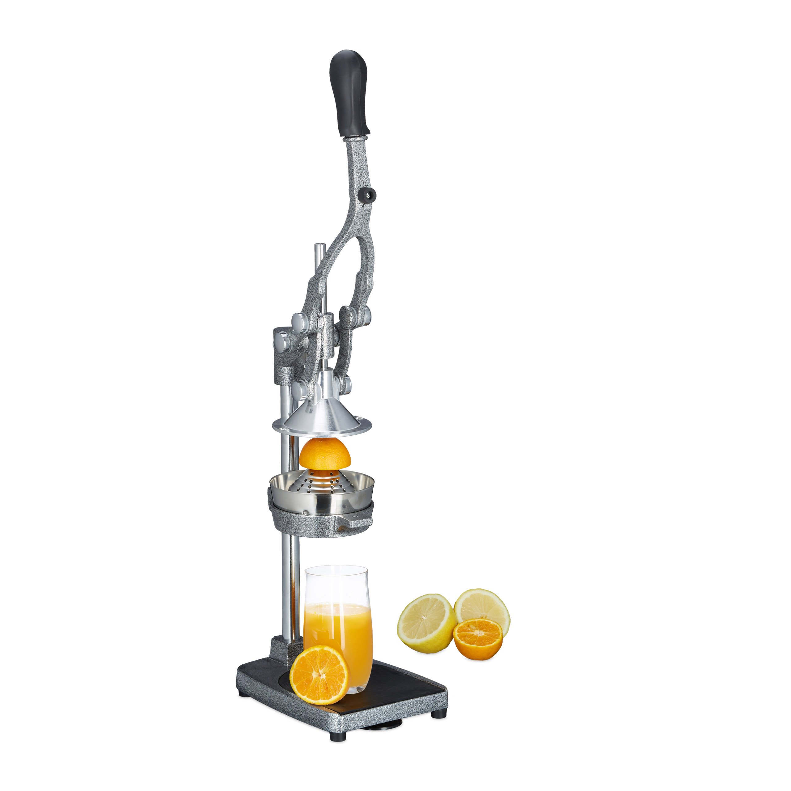 Relaxdays Spremifrutta manuale con tagliapatate, tagliamela, spremiagrumi HxLxP 47,5 x 17 x 40,5 cm, acciaio inox