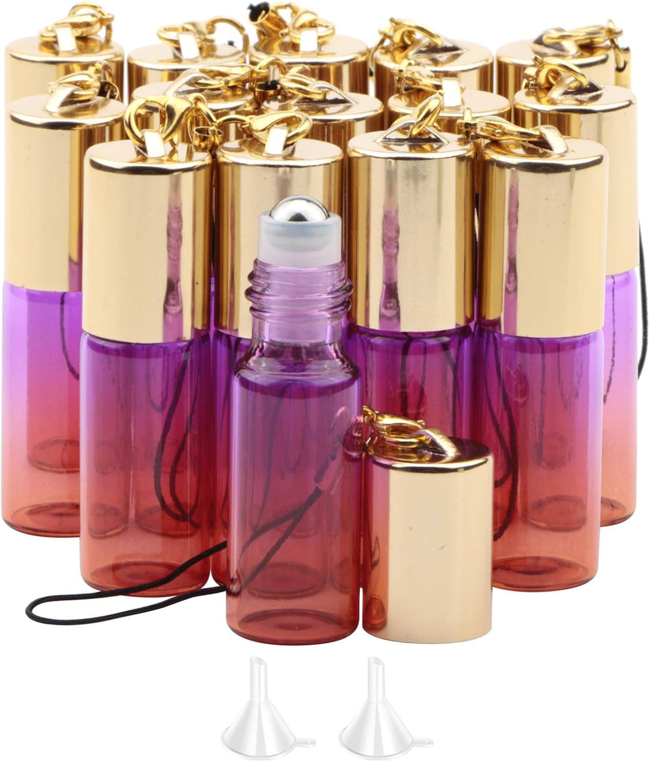 Rowiz Purple-Orange Gradient 15Pcs 5Ml Color Glass Roll On Bottles Empty Sample Vial Essential Oil Glass Bottles With Stainless Steel Roller Balls And Golden Screwcap With Buckle