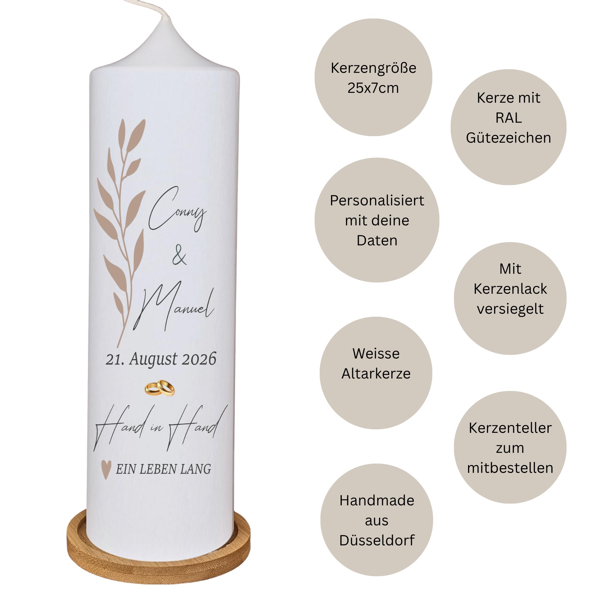 HandMakeCandle Hochzeitskerze Minimalistisch 25 x 7 cm | Mit Namen, Hochzeitsdatum, Trauspruch, Hochzeitsgeschenk