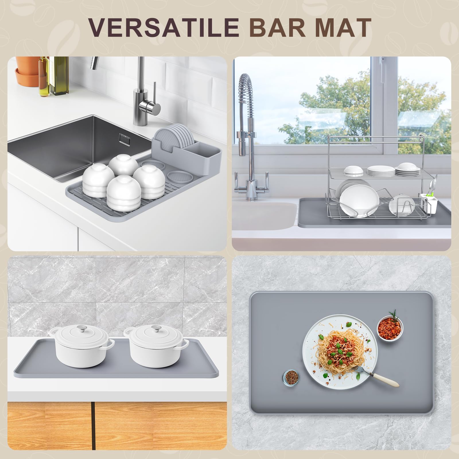 Alfombrilla de café de silicona con 6 posavasos, accesorios de barra de café de 24 x 16 pulgadas, cabe debajo de la cafetera, cafetera, máquina de espresso, tapete de secado de platos desmontable para