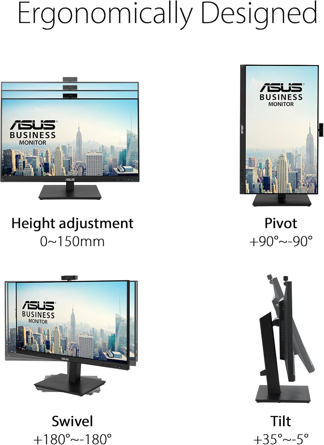 ASUS BE279QSK Monitor 27”, FullHD (1920x1080), HDMI, IPS, Frameless, Webcam FullHD Integrata, Microfono, Speaker Integrati, Design Ergonomico, Eye Care, Riduzione Luce Blu, Nero
