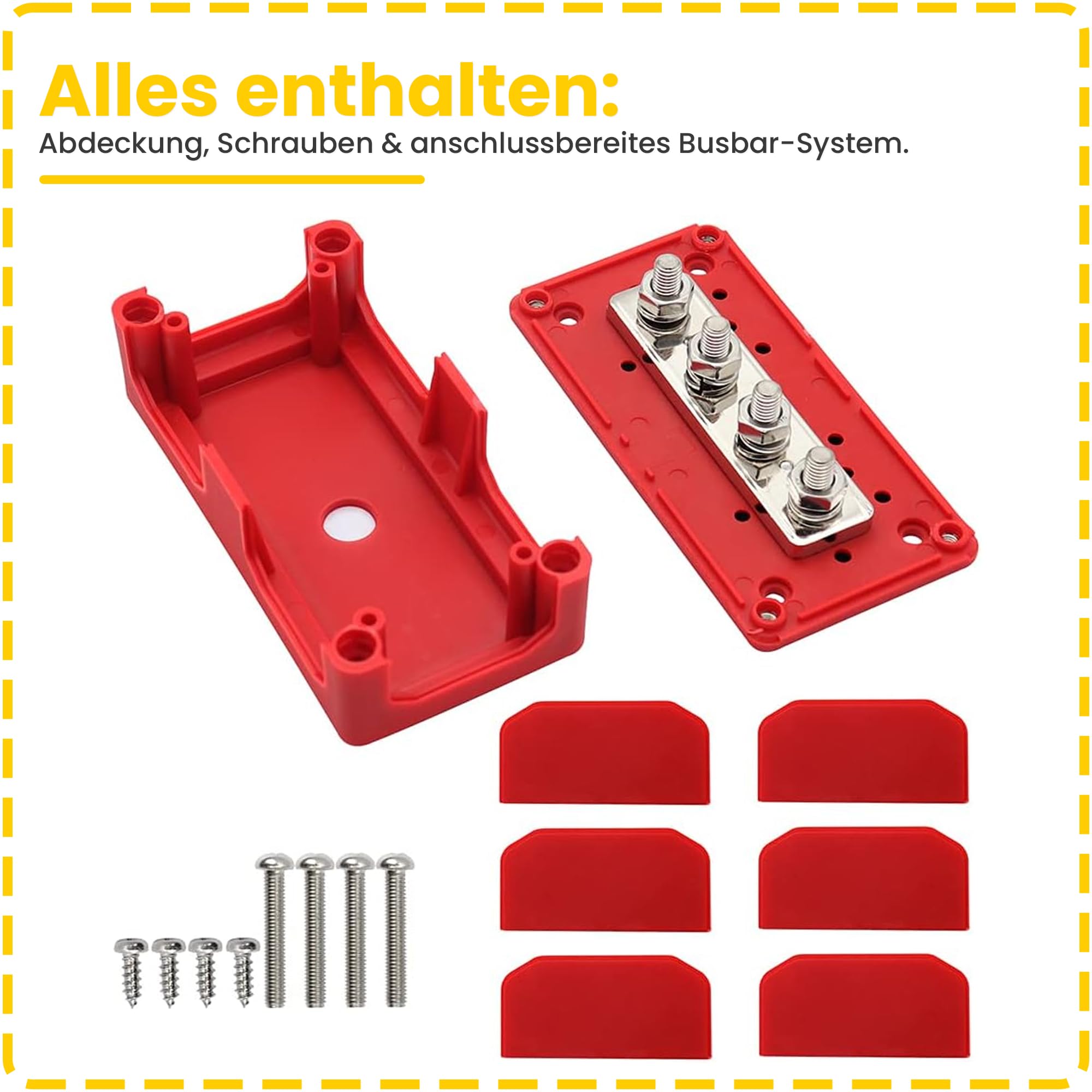 Offgridtec BusBar Box 4x M8 Anschlussbolzen, Nickelbeschichtete Messinganschlüsse, Glasfaserverstärktes Nylongehäuse mit abnehmbarer Abdeckung & Isolierwand, Modulare Stromverteilung (200A, Rot)