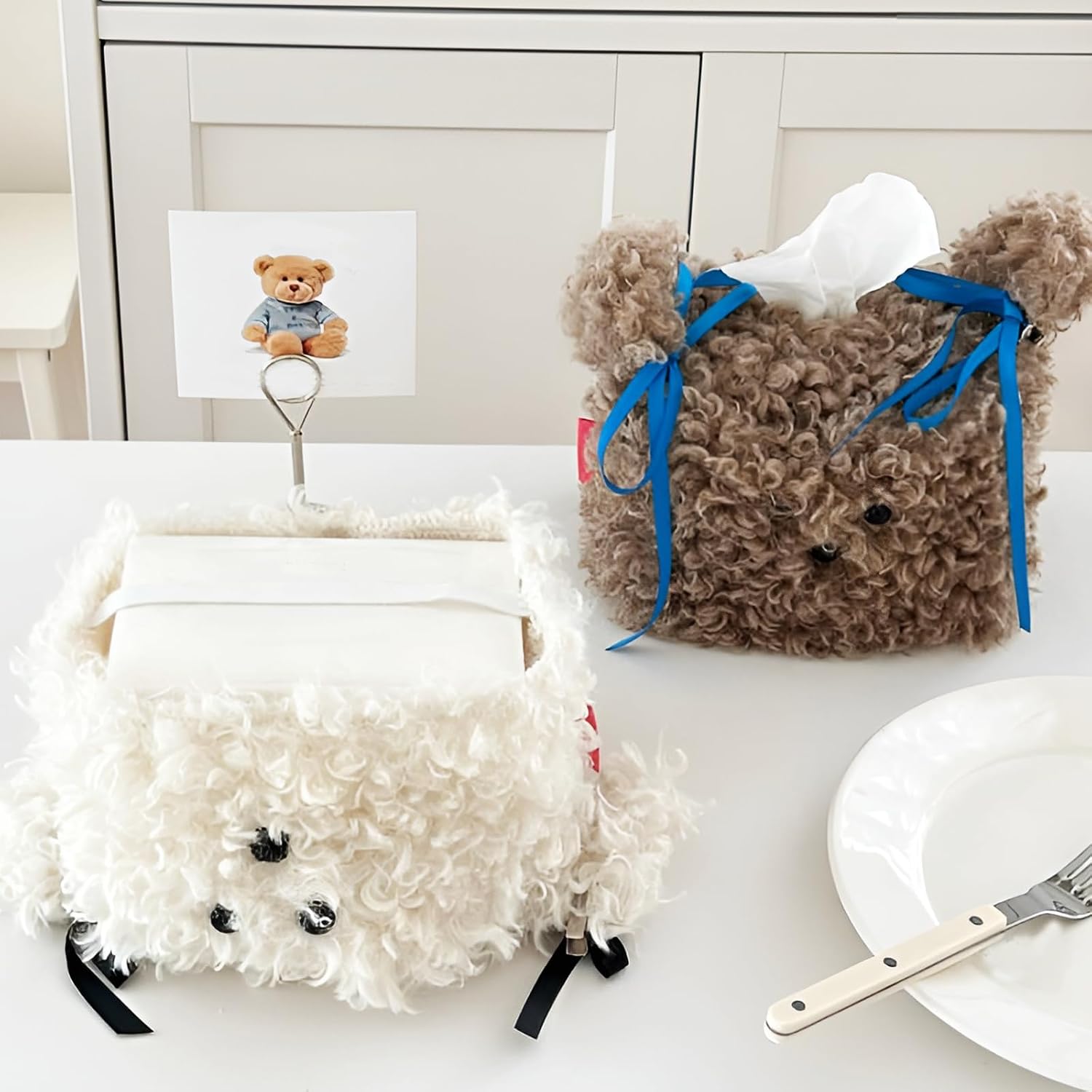 Plush Dog Tissue Box Cover – Adorable and Fluffy Tissue Box Holder Desk Decor for Car, Home, and Office (White) image 3