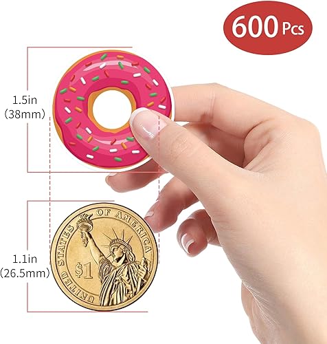 Miniatura 3 de Calcomanías de dona de 1.5 pulgadas, 18 diseños, calcomanías autoadhesivas para decoración de fiestas, recompensa de maestros e incentivos (600