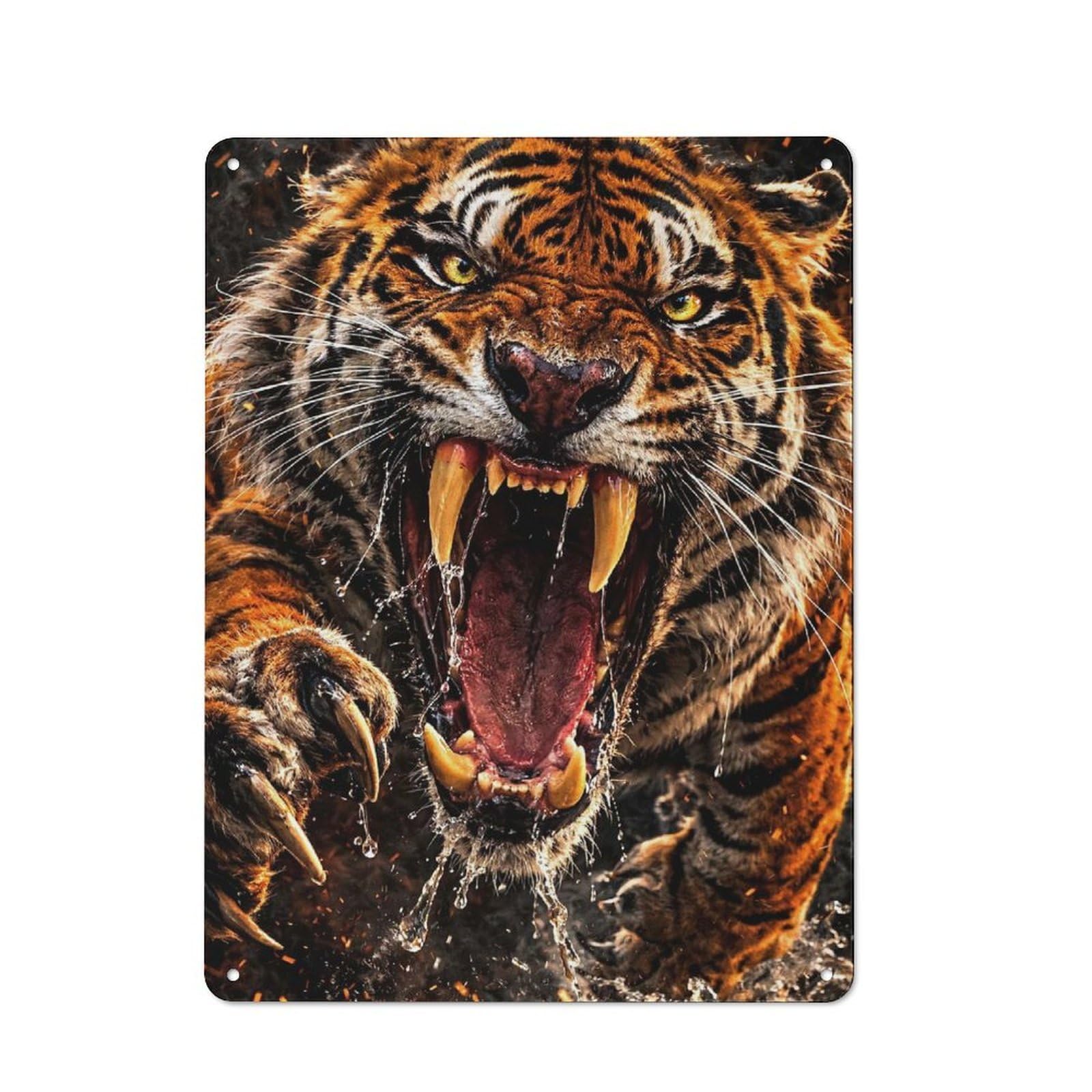 Junmoney Style-14 Vintage Tin Sign 40X30cm With Fierce Tiger Roaring With Water Splashes For Home Office Or Studio, New Home Wall Decor For Creative Workspace Decorators