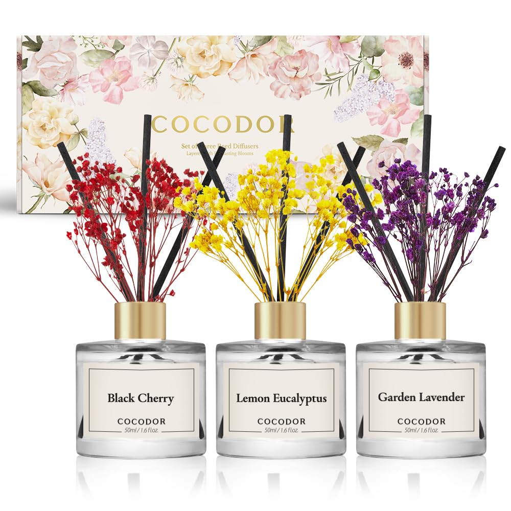 COCODOR Real Flower Reed Diffuser Set of 3/Black Cherry,Lemon Eucalyptus,Garden Lavender/1.6oz Each Pack/Home Fragrance Diffuser, Oil Scent Diffuser for Bathroom Shelf Decor