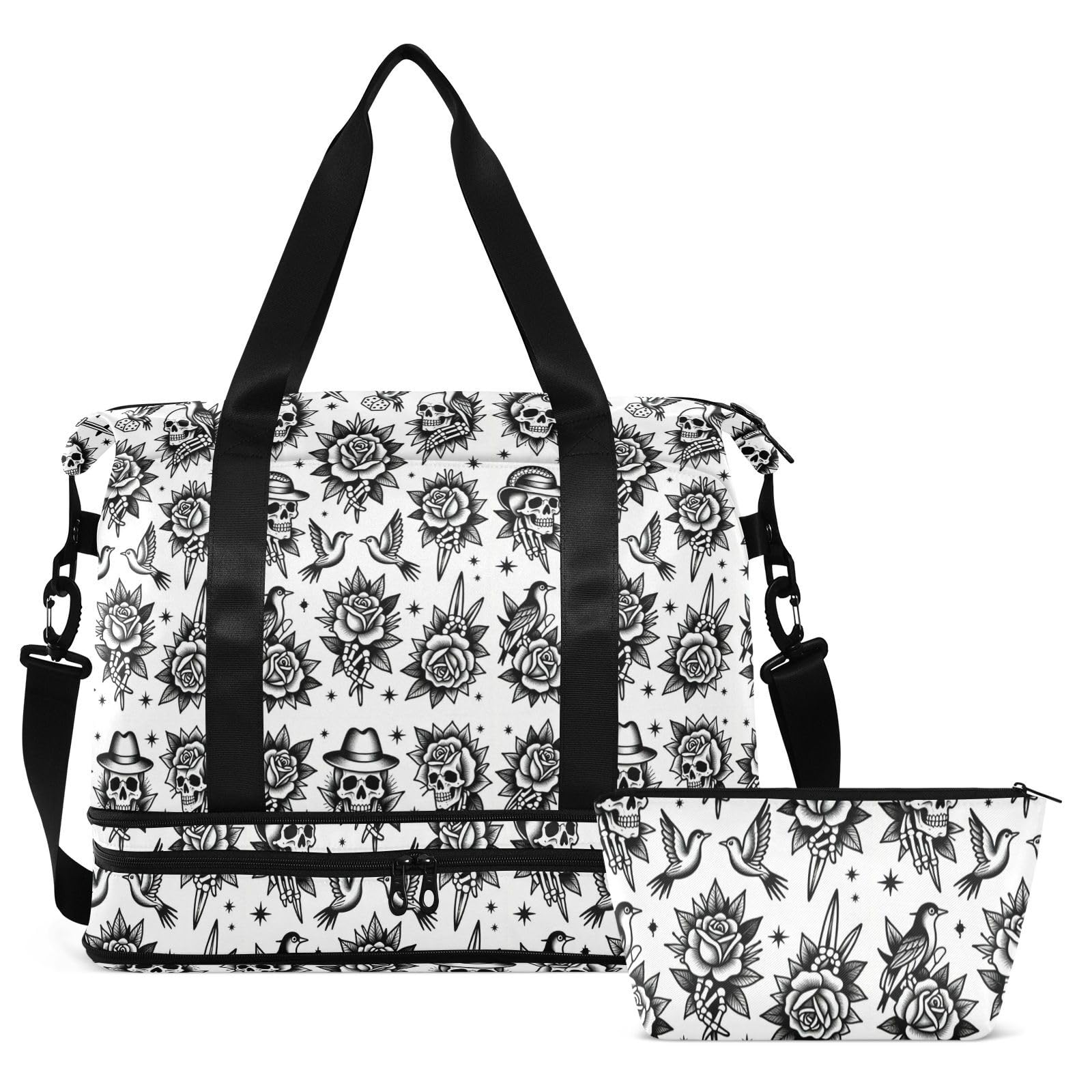 Vintage Old School Skull Rose Tattoo Carry On Shoulder Weekend Tote z mokrą kieszenią Regulowany pasek Torba na siłownię do treningu Duża pojemność dla mężczyzn kobiet