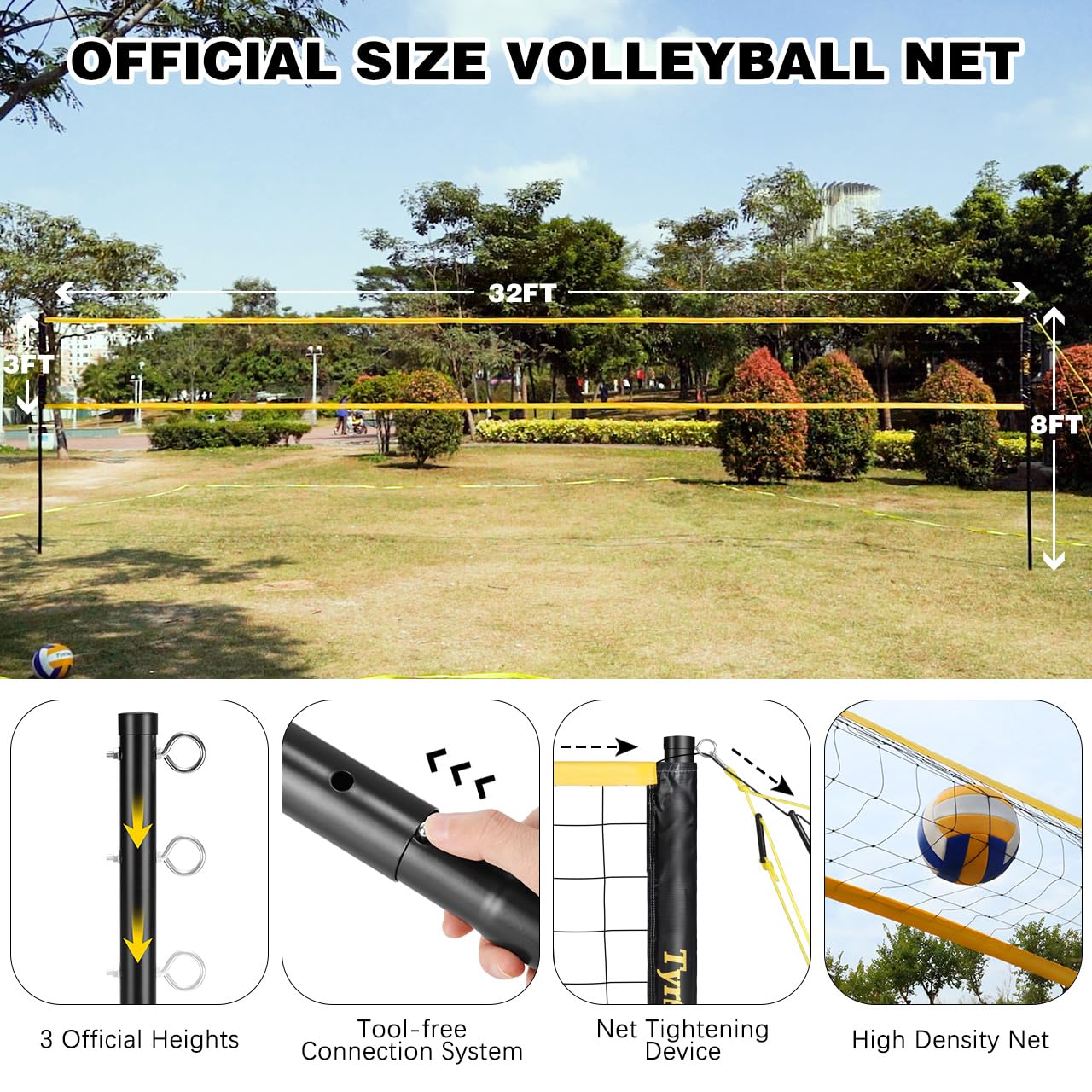 Ensemble Volleyball Badminton Jardin Filet Portable Tout-en-Un avec 4 Raquettes Volants Sac
