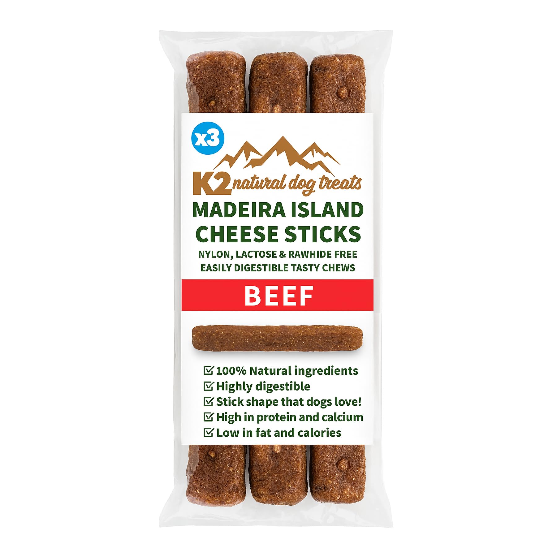 K2 100% Natural Dog Treats – Madeira Cheese & Beef Chew Sticks, Gluten Free, Grain Free, 3‑Pack (150 g)