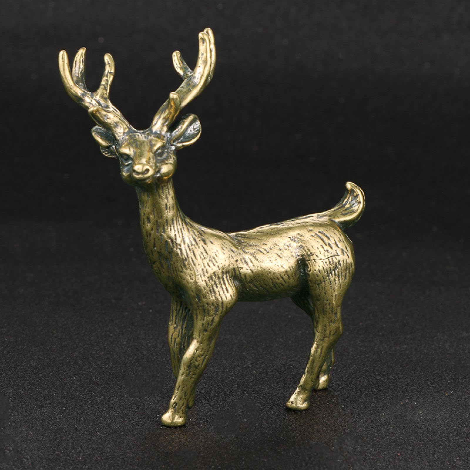 YNIYUJKL Brass Sculpture Fengshui Figurine Statue Tea Pet Artware Collectible For Home Office Brass Elk Small Statue Study Desk Ornament Cute Animal Deer Figurine Miniature Tea Pet Dec