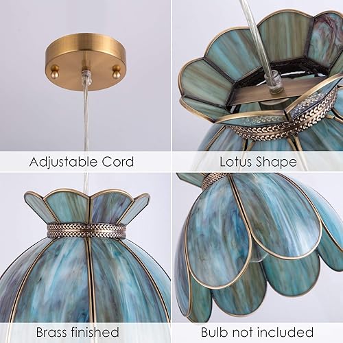 Miniatura 4 de YIFI Art Deco - Lámpara colgante de cristal de loto vintage, lámpara colgante ajustable Tiffany Green Tiffany para cocina, isla, comedor,