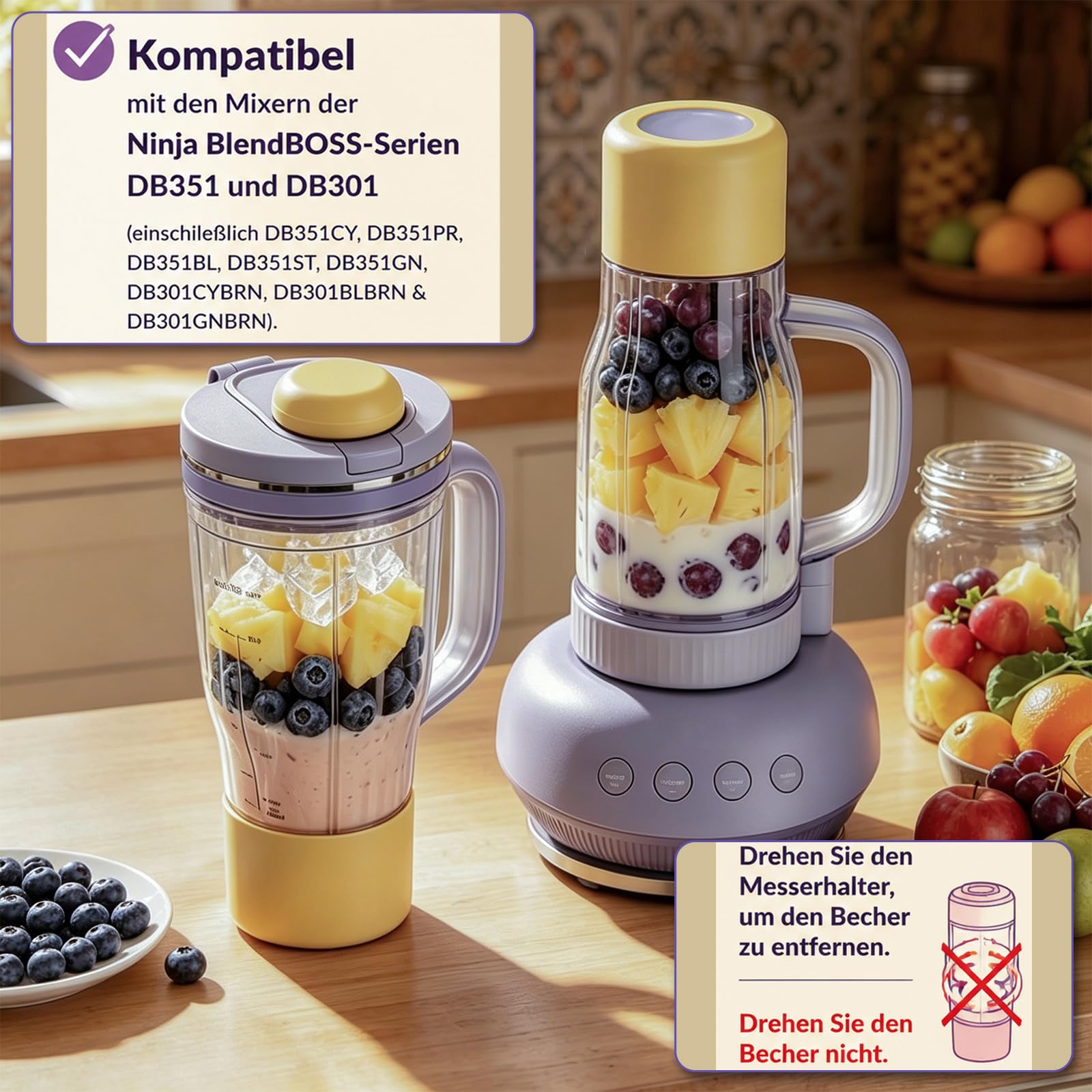 710 ml Mixbecher Ersatz für Ninja BlendBoss DB301 und DB351 Reihe, Lila | BPA-freier Milchshake-Becher, auslaufsicher, bruchsicher spülmaschinenfest für Fitness, Camping Büro und Unterwegs