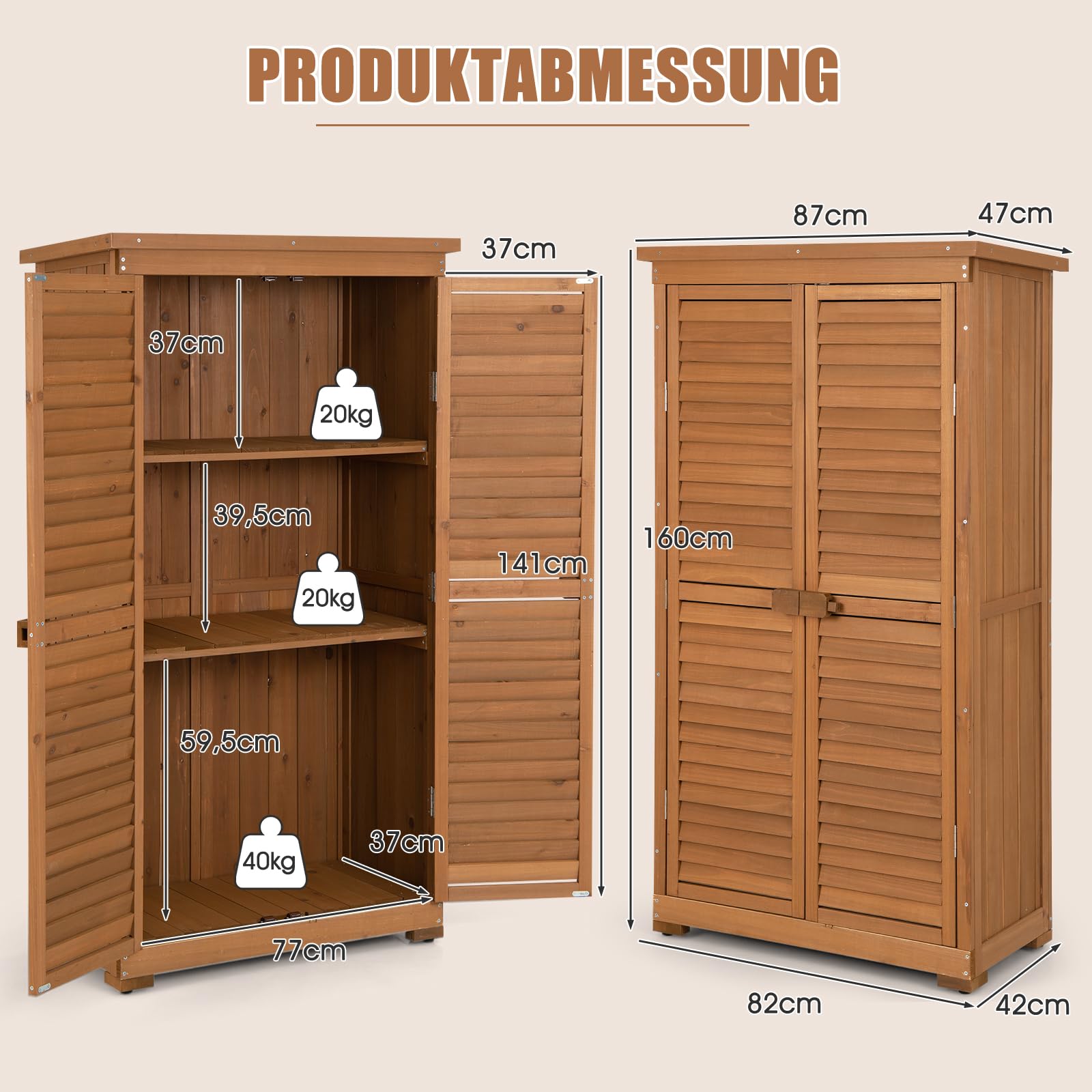 COSTWAY Gartenschrank Holz, Gerätehaus wetterfest, Geräteschuppen mit 3 herausnehmbaren Regalen, Werkzeugschrank Holzschuppen Garten Schuppen, Gartenschuppen Geräteschrank, 82x42x160cm