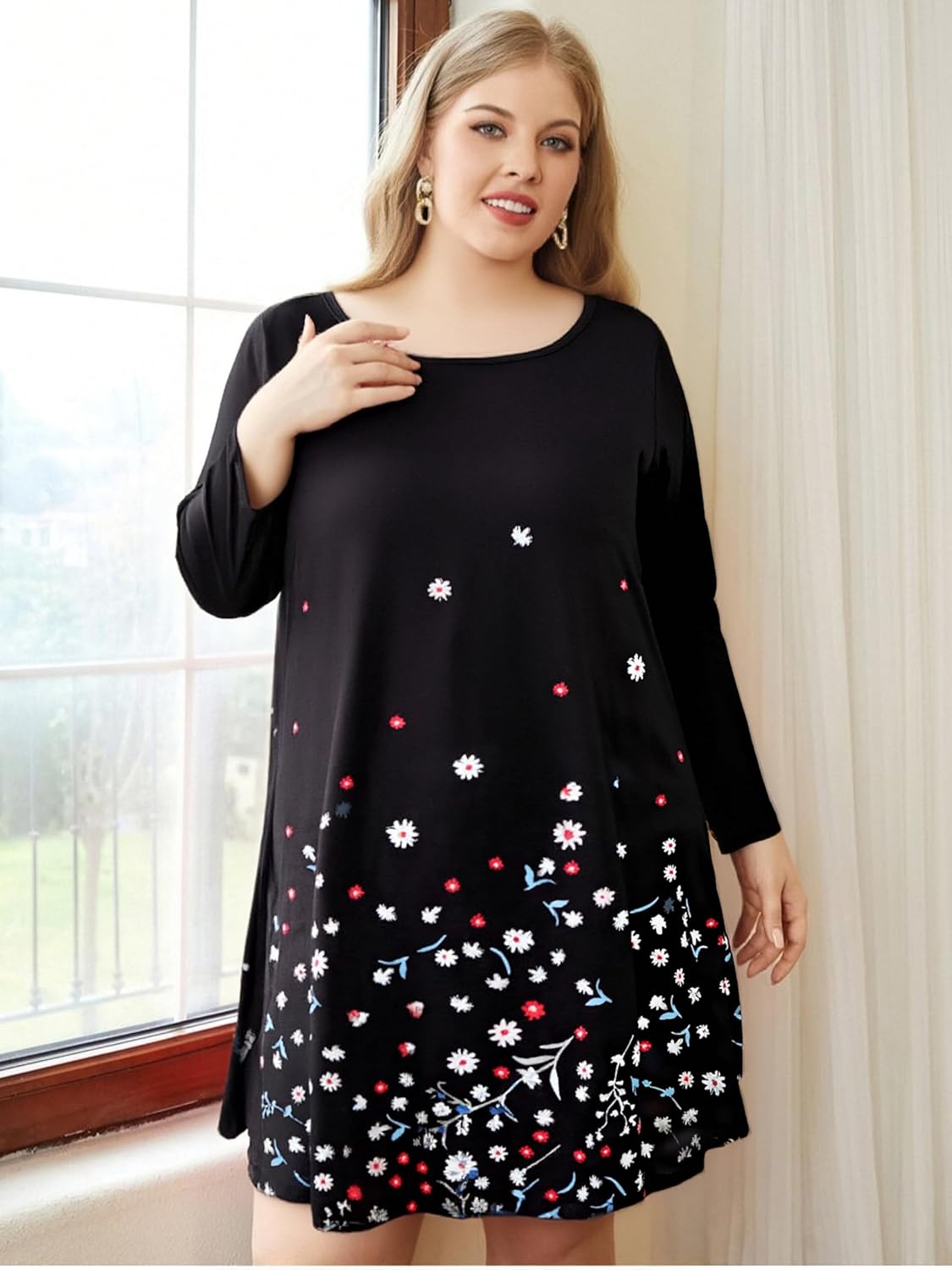 BLANCHES Plus Size Floral Dress for Women Long Sleeves Crew Neck Casual Dresses Empire Waist A-Line Flowy Dress with Pockets - Image 5