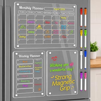 VNDUEEY Magnetic Fridge Calendar 3 Pack Clear Acrylic Dry Erase Whiteboard for Refrigerator Monthly Weekly Memo Planner with 8 Color Markers for Chore Chart Events Shopping Lists Meal Planner Kitchen