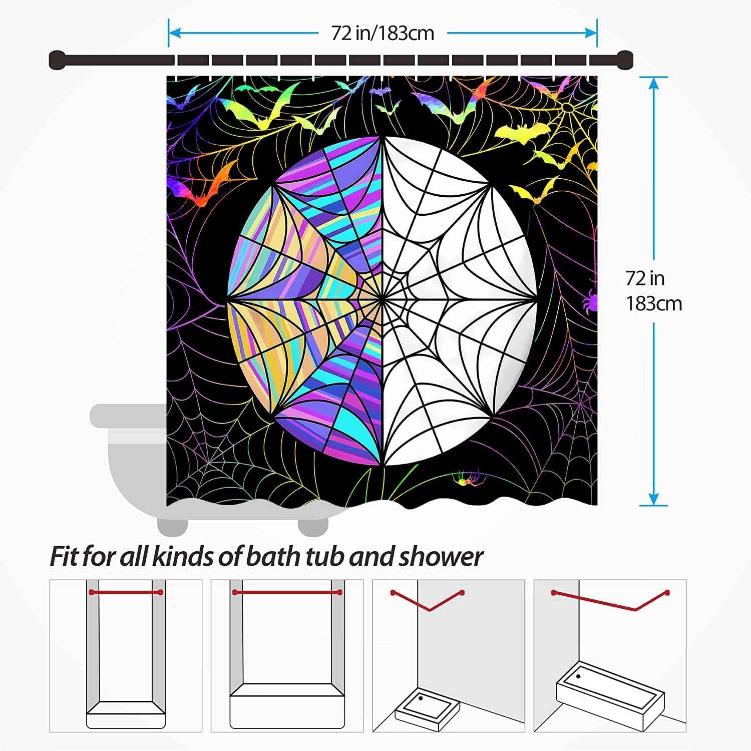 Spider Web Shower Curtains Halloween Gothic Art Stained Glazed Tile Spooky Wednesday Stained Glass Window Pattern Art Decor Set for Bathroom Black 72X72Inch